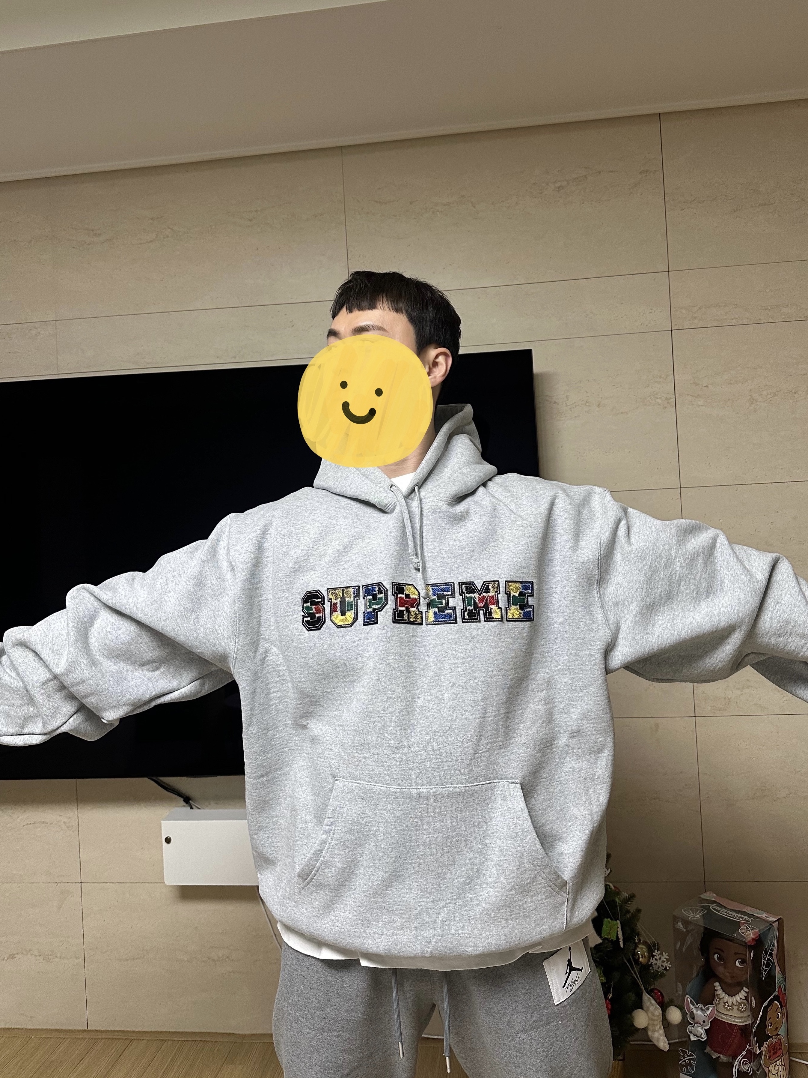 Supreme Collegiate Patchwork Leather Hooded Sweatshirt Heather Grey - 23FW 착용 스타일