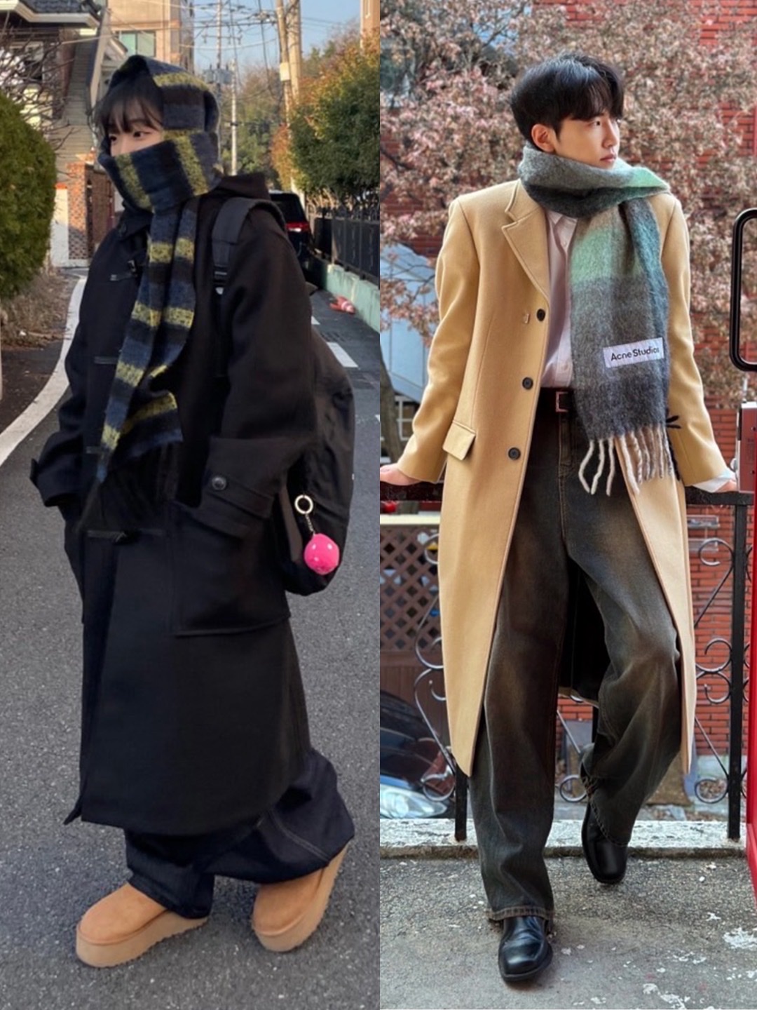 Uniqlo x JW Anderson Striped Chunky Scarf Blue, Acne Studios Mohair Check Muffler Grey Green Black 착용 스타일 - 2