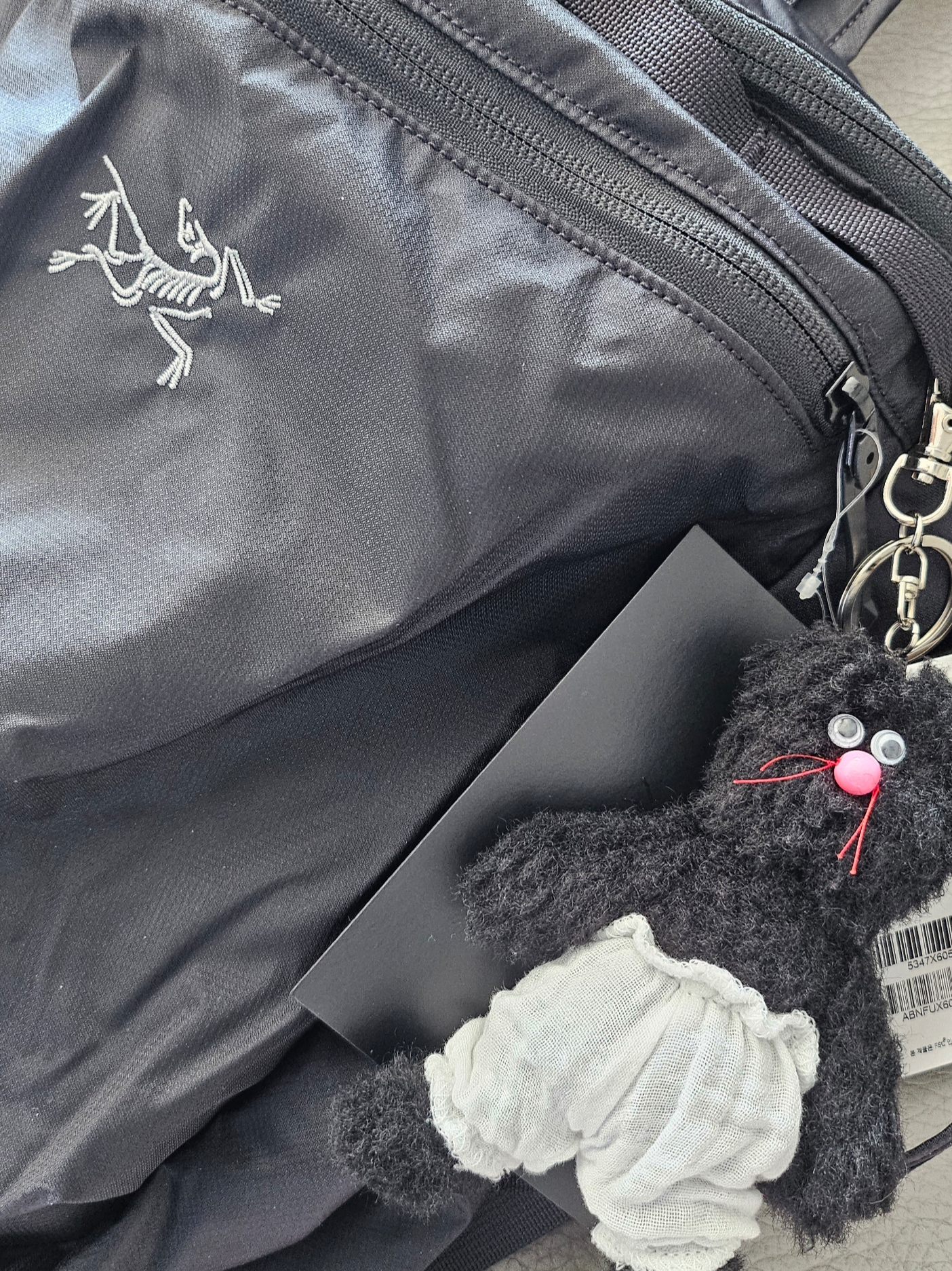 Arc'teryx Heliad 15 Backpack Black, Monamhee Beulpingi Keyring with White Pants Black 착용 스타일