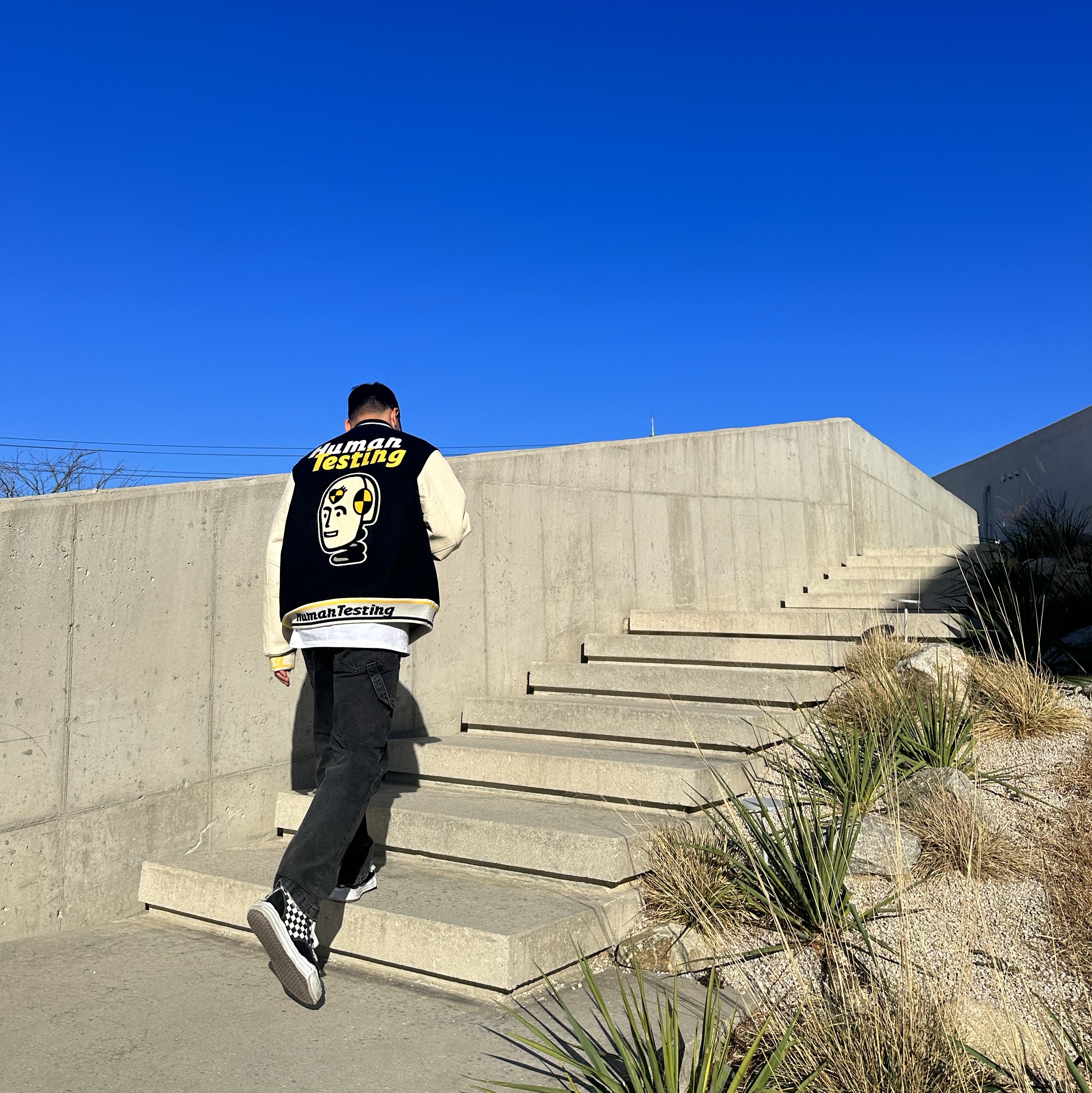 Human Made x A$AP Rocky Human Testing Varsity Jacket Black, Maison Mihara Yasuhiro Peterson OG Sole Canvas Low Sneakers Black White 착용 스타일 - 3