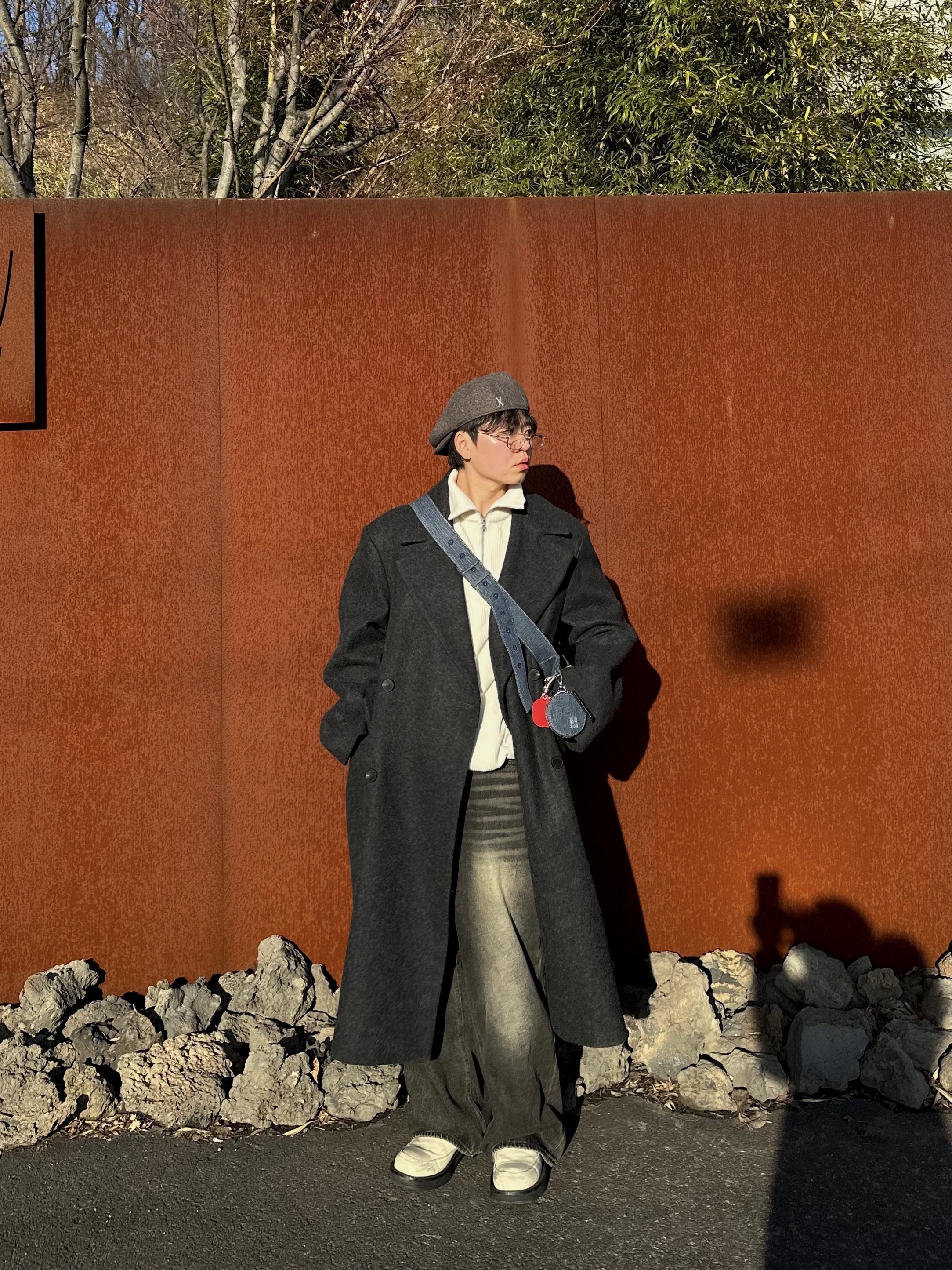 Millo Archive Reflect Curved Pants Washed Brown, Millo Archive Double Coat Charcoal 착용 스타일 - 2