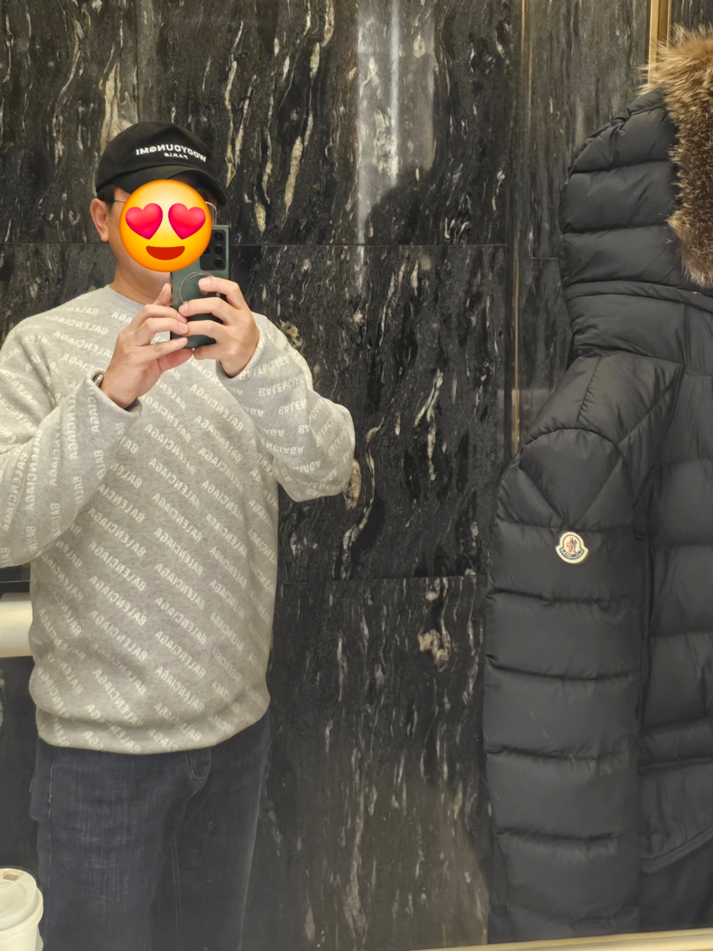 Balenciaga Mini Allover Logo Sweater Grey, Moncler Cluny Long Down Jacket Black - 22FW 착용 스타일 - 1