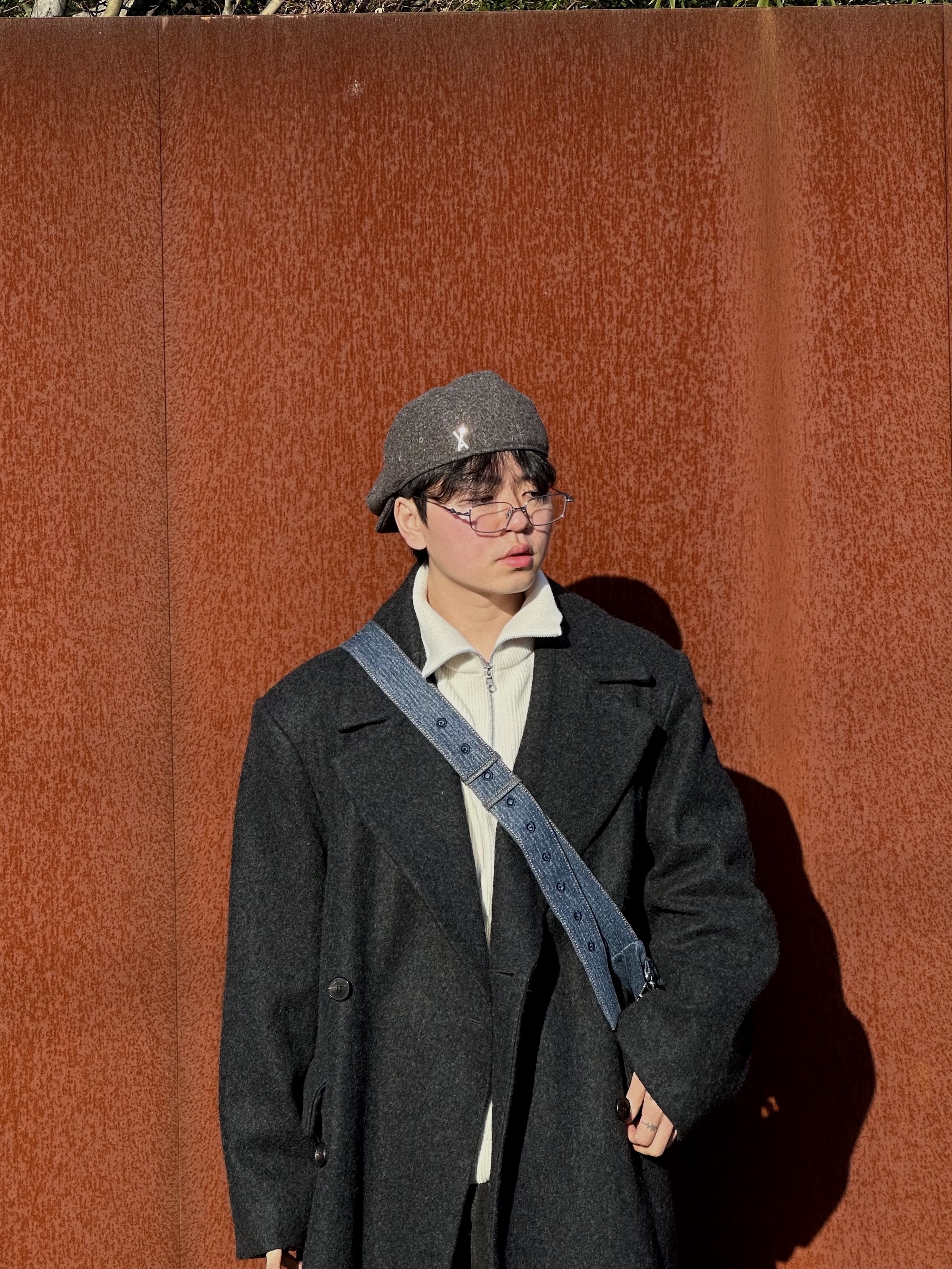 Millo Archive Reflect Curved Pants Washed Brown, Millo Archive Double Coat Charcoal 착용 스타일 - 4