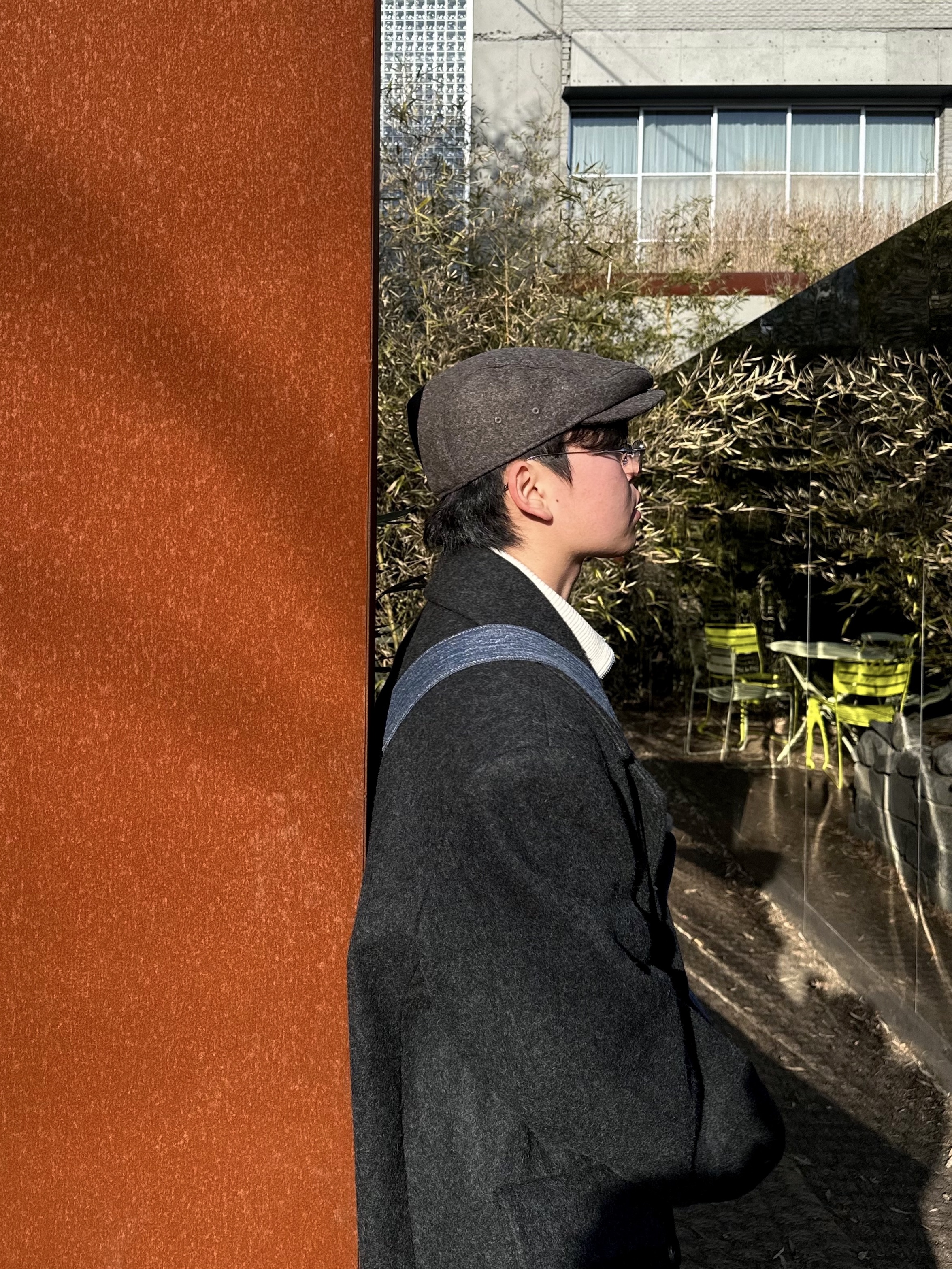 Millo Archive Reflect Curved Pants Washed Brown, Millo Archive Double Coat Charcoal 착용 스타일 - 5