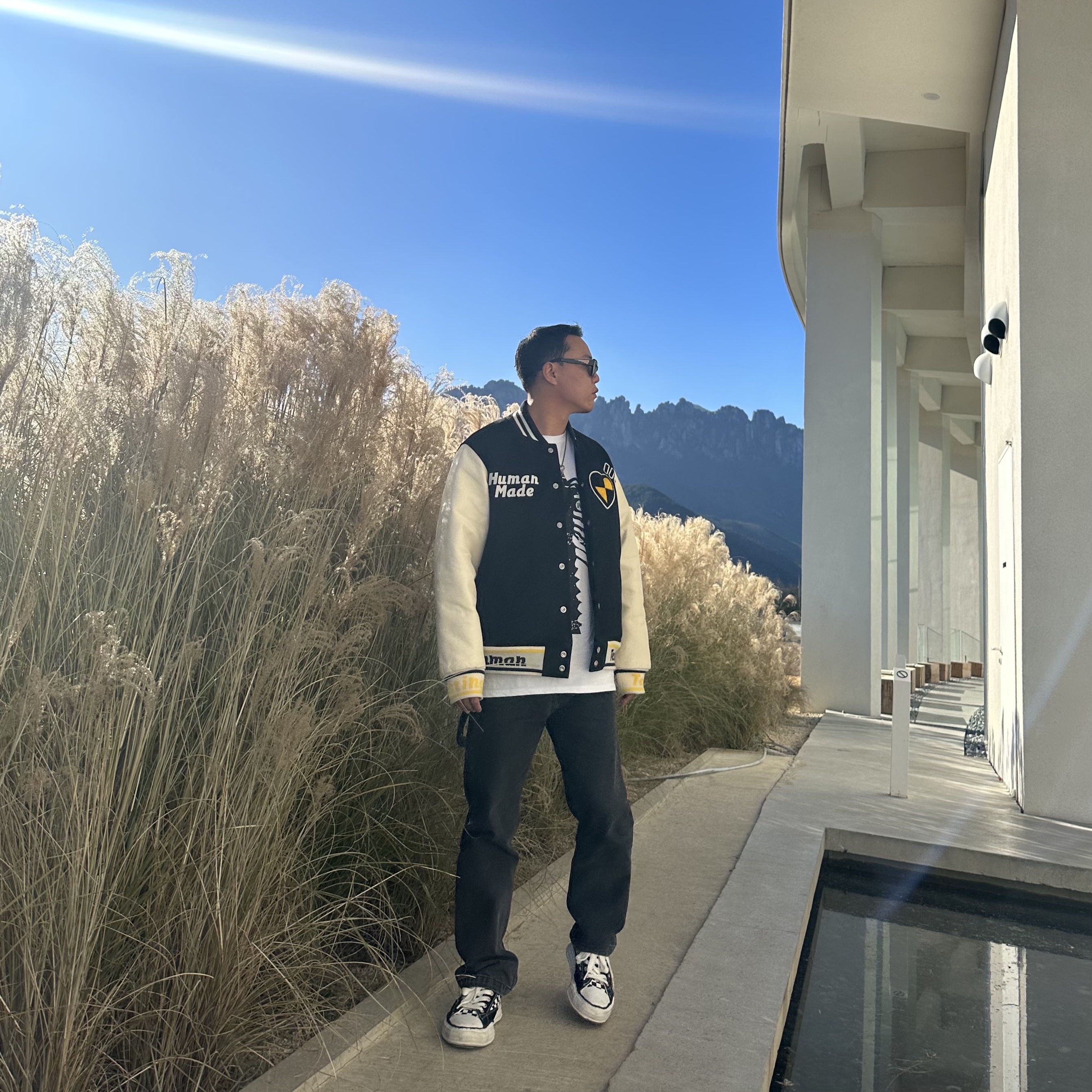 Human Made x A$AP Rocky Human Testing Varsity Jacket Black, Maison Mihara Yasuhiro Peterson OG Sole Canvas Low Sneakers Black White 착용 스타일 - 1