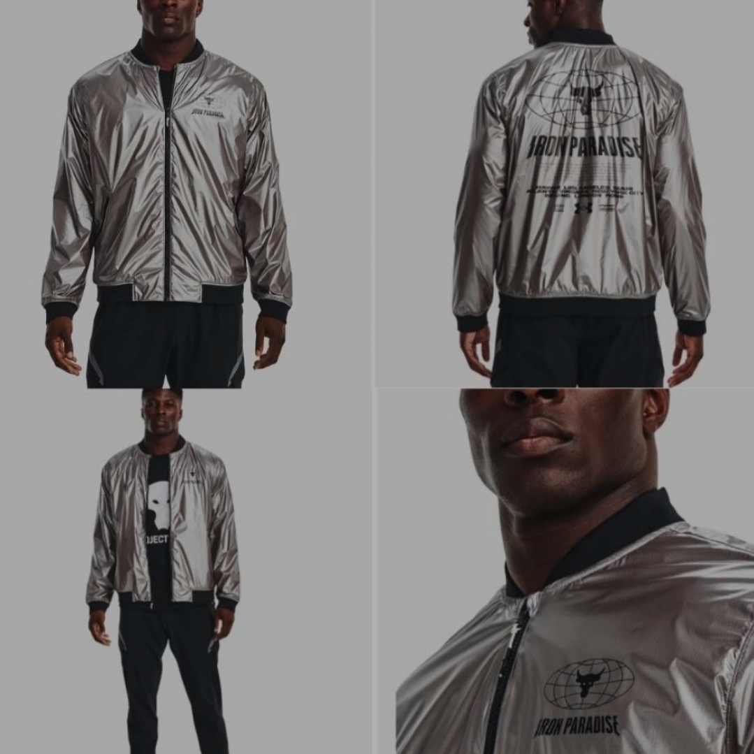 Under Armour Project Rock Disrupt Bomber Jacket Metallic Tin Black 착용 스타일 - 4