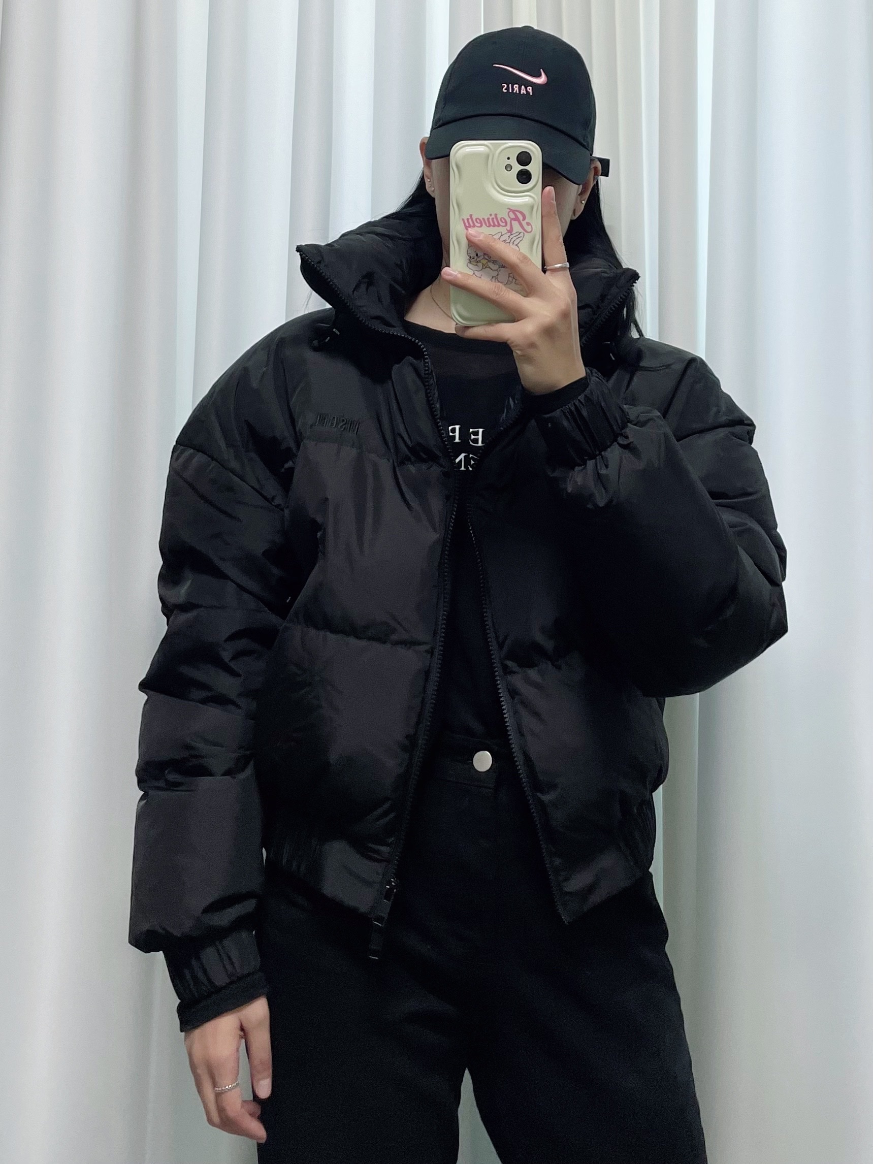 (W) 엠에스지엠 립스탑 나일론 크롭 다운 자켓 화이트, (W) 엠에스지엠 립스탑 나일론 크롭 다운 자켓 핑크 착용 스타일 - 3