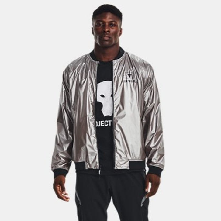 Under Armour Project Rock Disrupt Bomber Jacket Metallic Tin Black 착용 스타일 - 1