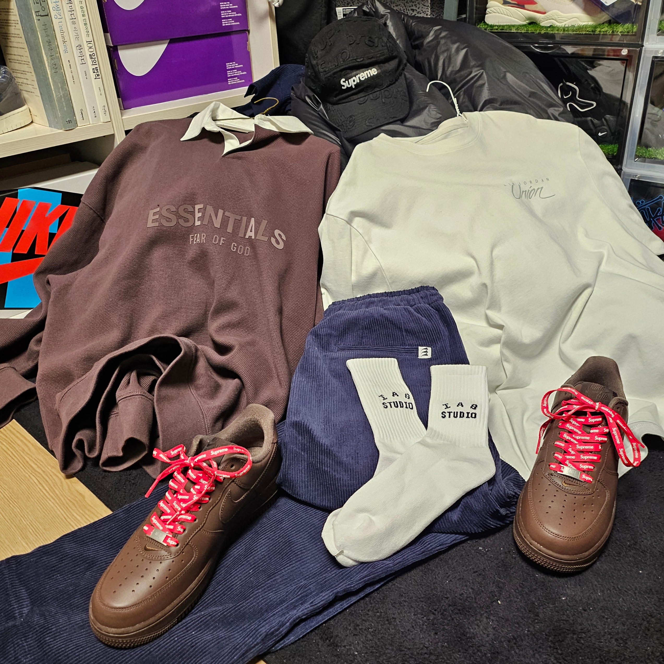 Jordan x Union Long Sleeve T-Shirt White - Asia, Essentials Waffle Henley Rugby Plum - 23SS 착용 스타일