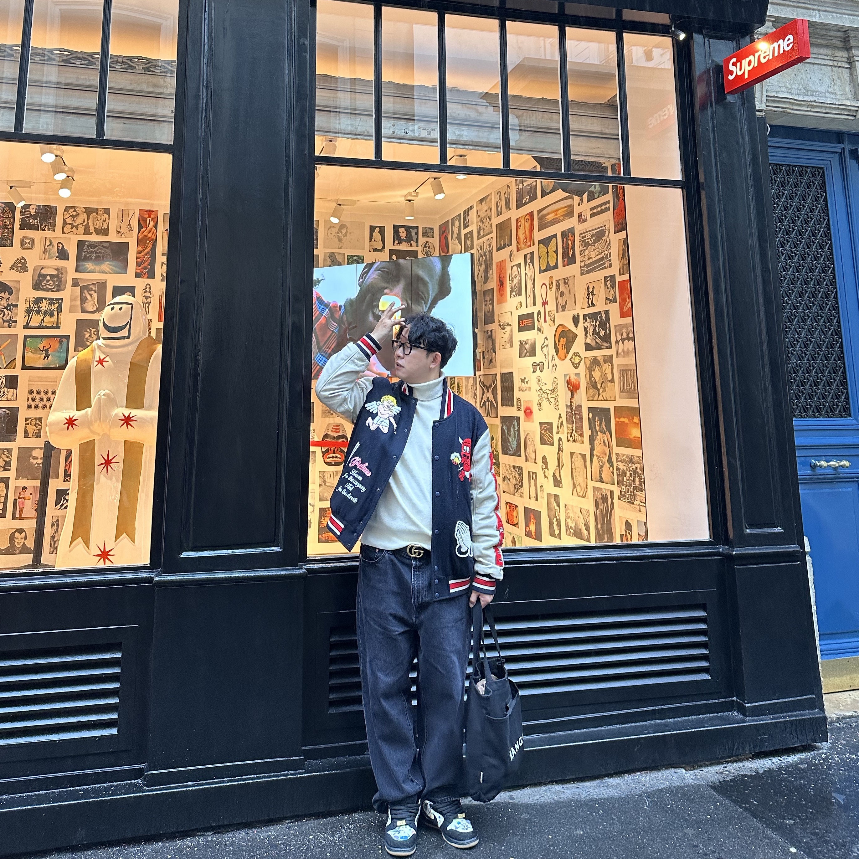 Palace Fallen Angels Varsity Jacket Navy - 23SS, Nike x Supreme SB Dunk Low QS Rammellzee Black 착용 스타일