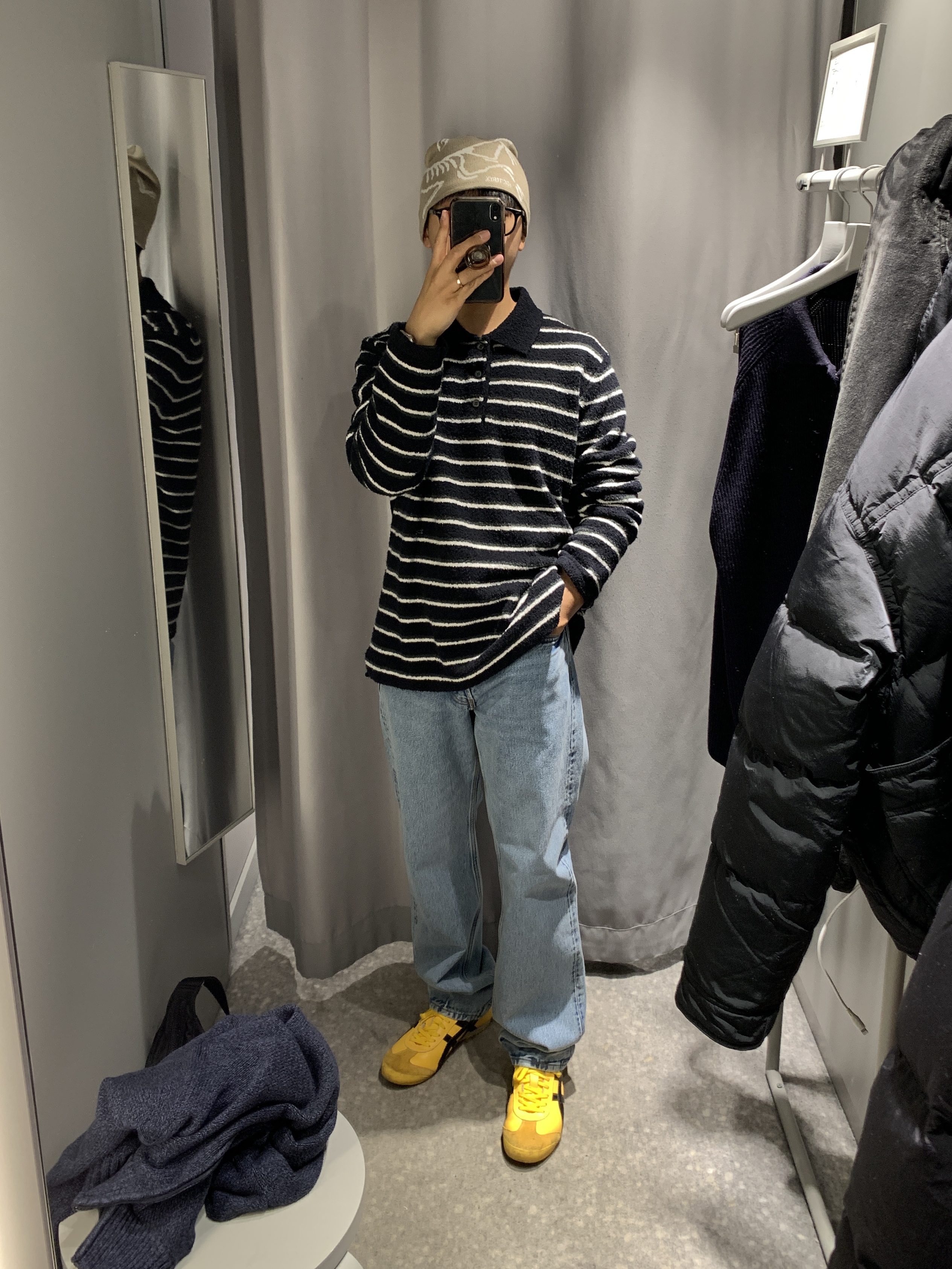 Arc'teryx Bird Head Toque Smoke Bluff, Onitsuka Tiger Mexico 66 Yellow Black 착용 스타일