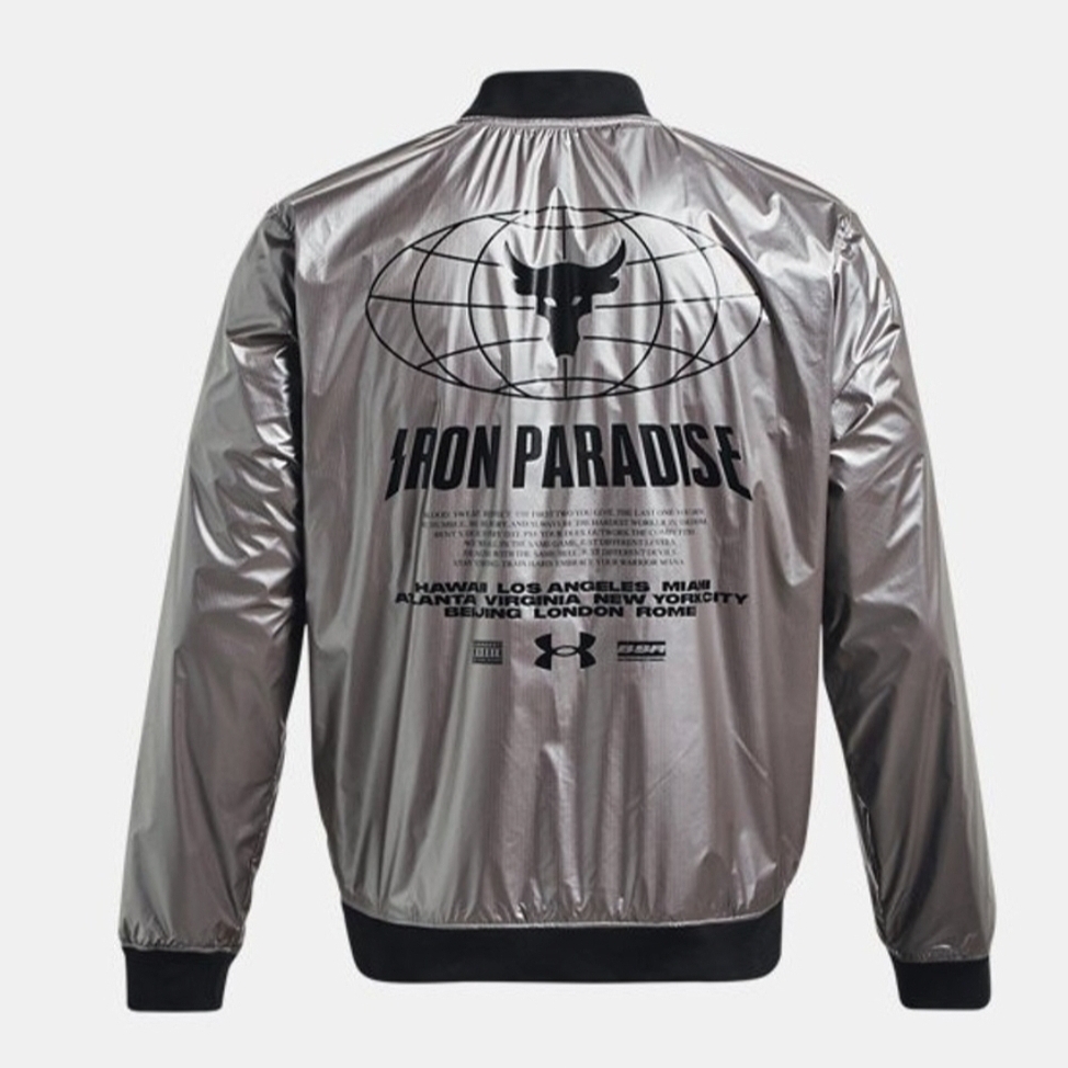 Under Armour Project Rock Disrupt Bomber Jacket Metallic Tin Black 착용 스타일 - 2