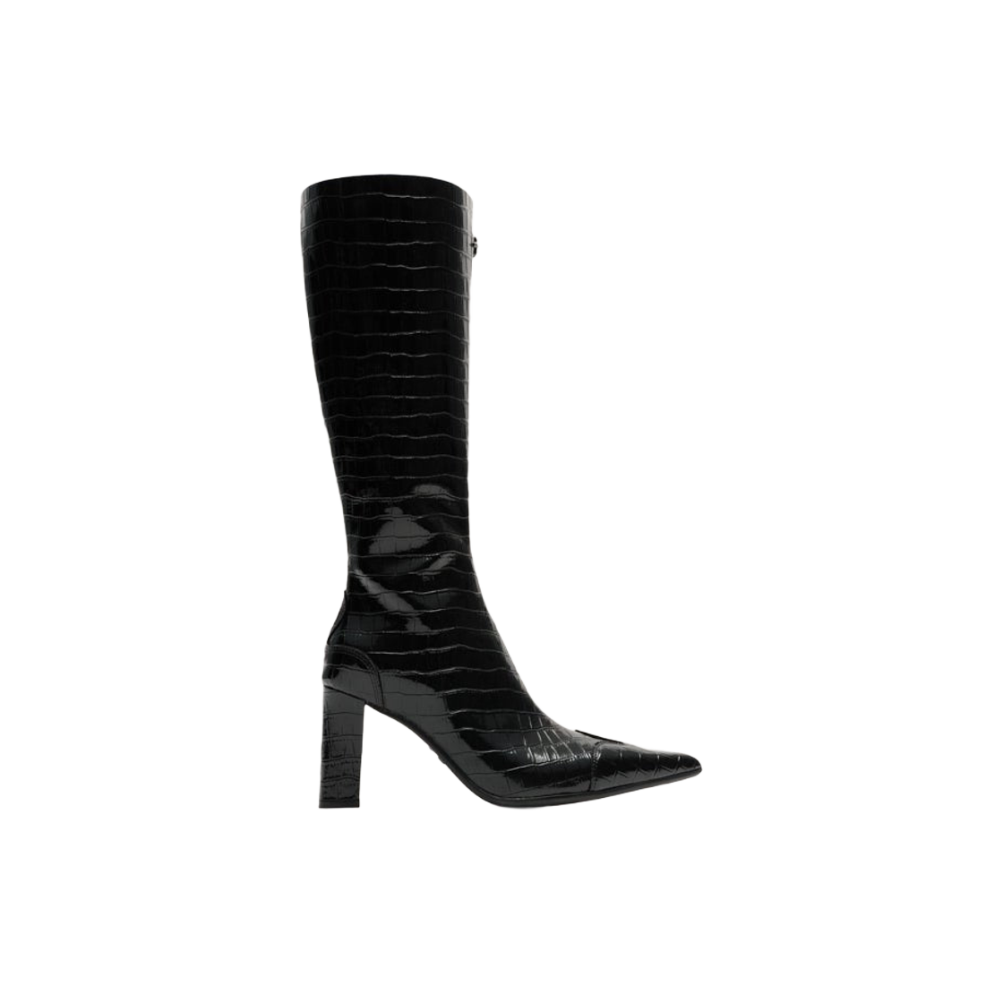 (W) 에스엠에프케이 컴퍼스 블랙 크로커다일 엠보스드 레더 하이 부츠 블랙((W) SMFK Compass Black Crocodile Embossed Leather High Boots Black)