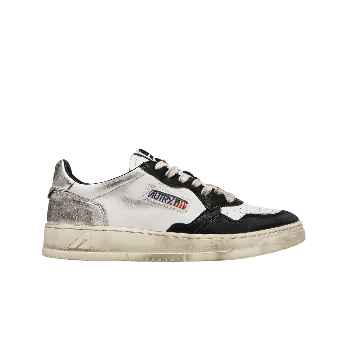(W) 오트리 슈퍼 빈티지 메달리스트 로우 레더 스니커즈 화이트 실버 블랙((W) Autry Super Vintage Medalist Low Leather Sneakers White Silver Black)