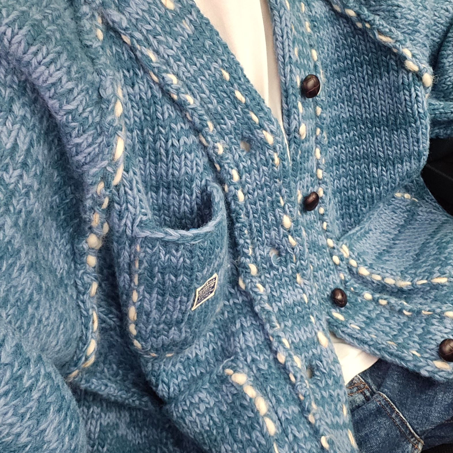 Kapital Wool Hand Knit Cowichan Railroad Jacket Navy 착용 스타일 - 1