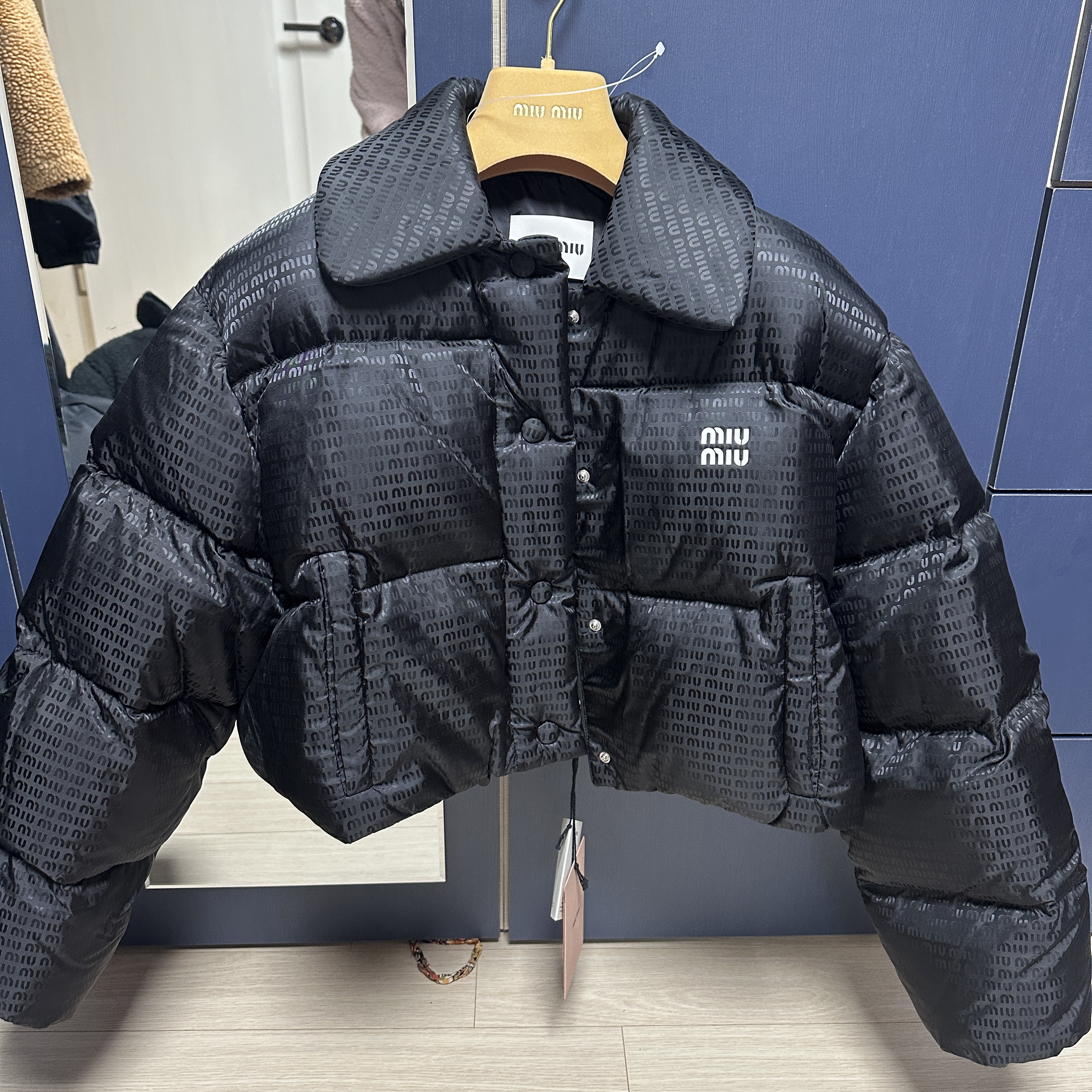 (W) Miu Miu Nylon Cropped Down Jacket Black 착용 스타일