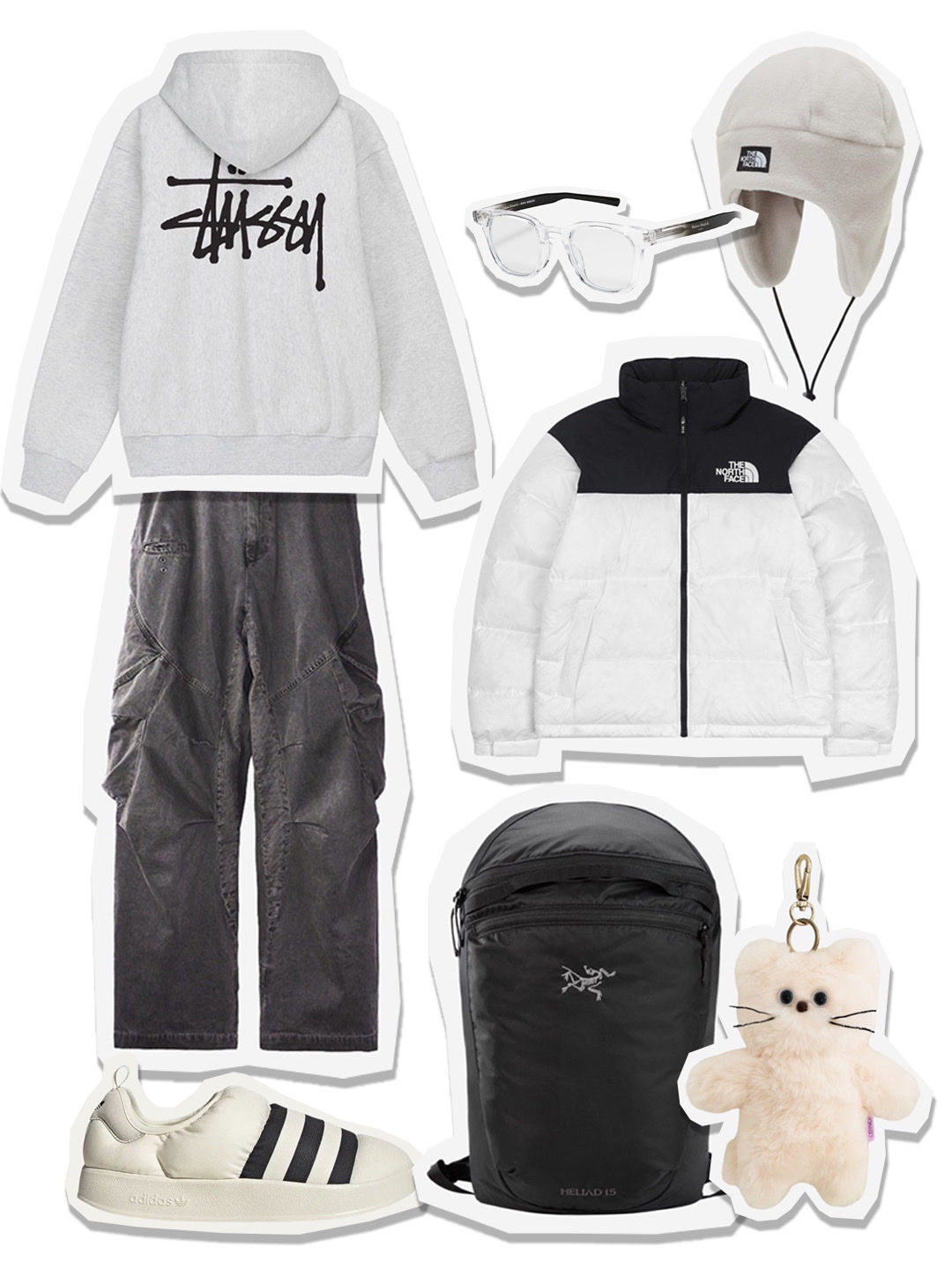 The North Face Fleece Earmuff Beanie White Sand, Gentle Monster x Maison Margiela MM010S Clear Black Gradient 착용 스타일 - 1