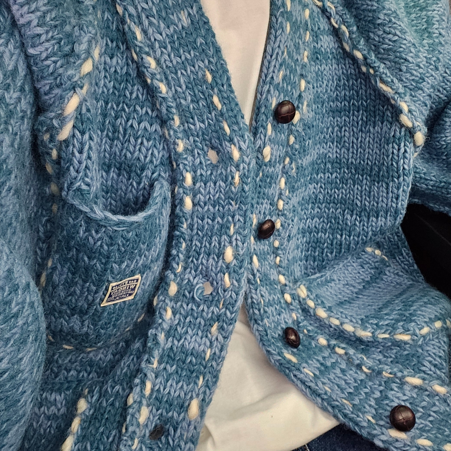 Kapital Wool Hand Knit Cowichan Railroad Jacket Navy 착용 스타일 - 2