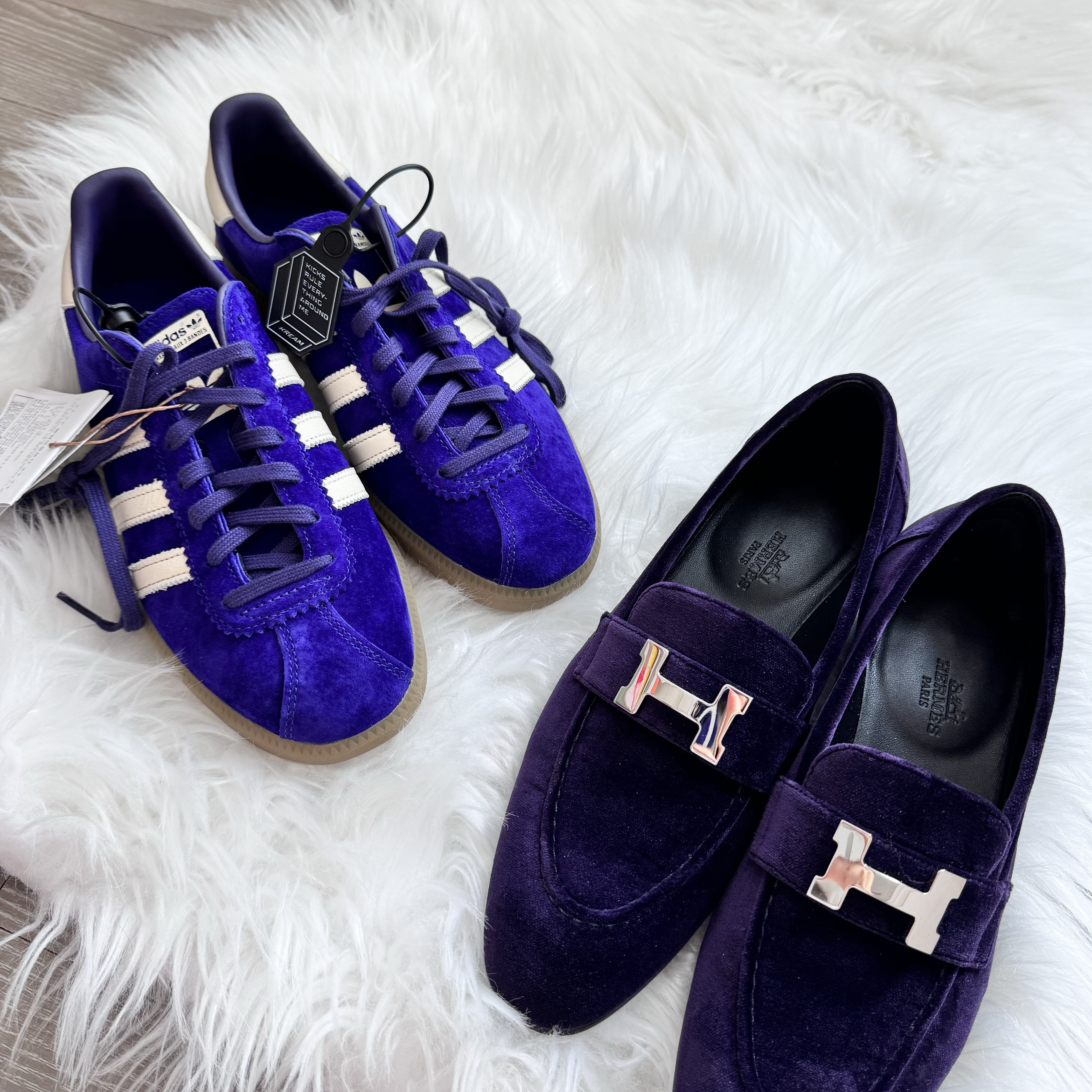 Adidas Bermuda College Purple Cream White 착용 스타일