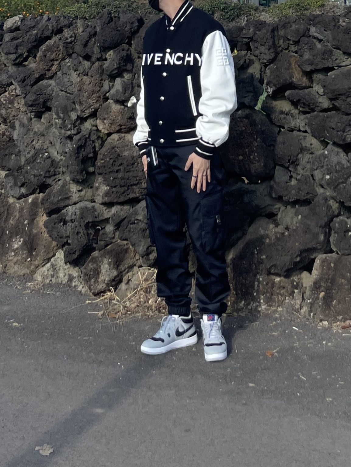 Prada Re-Nylon Pants Black, Givenchy Varsity Jacket in Wool and Leather Black White 착용 스타일