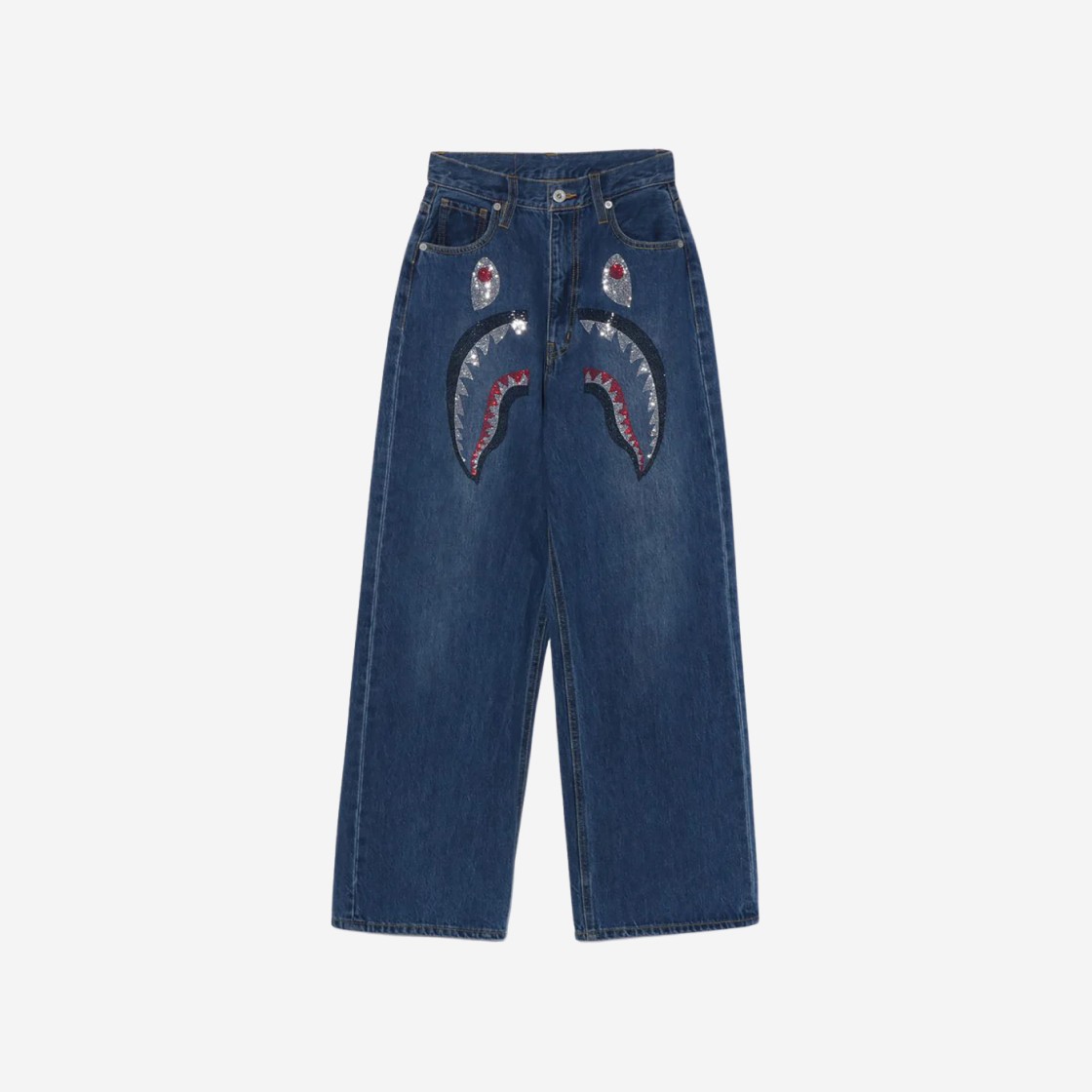 (W) BAPE Crystal Stone Shark High Waist Denim Jeans Light Indigo 상세 이미지 1