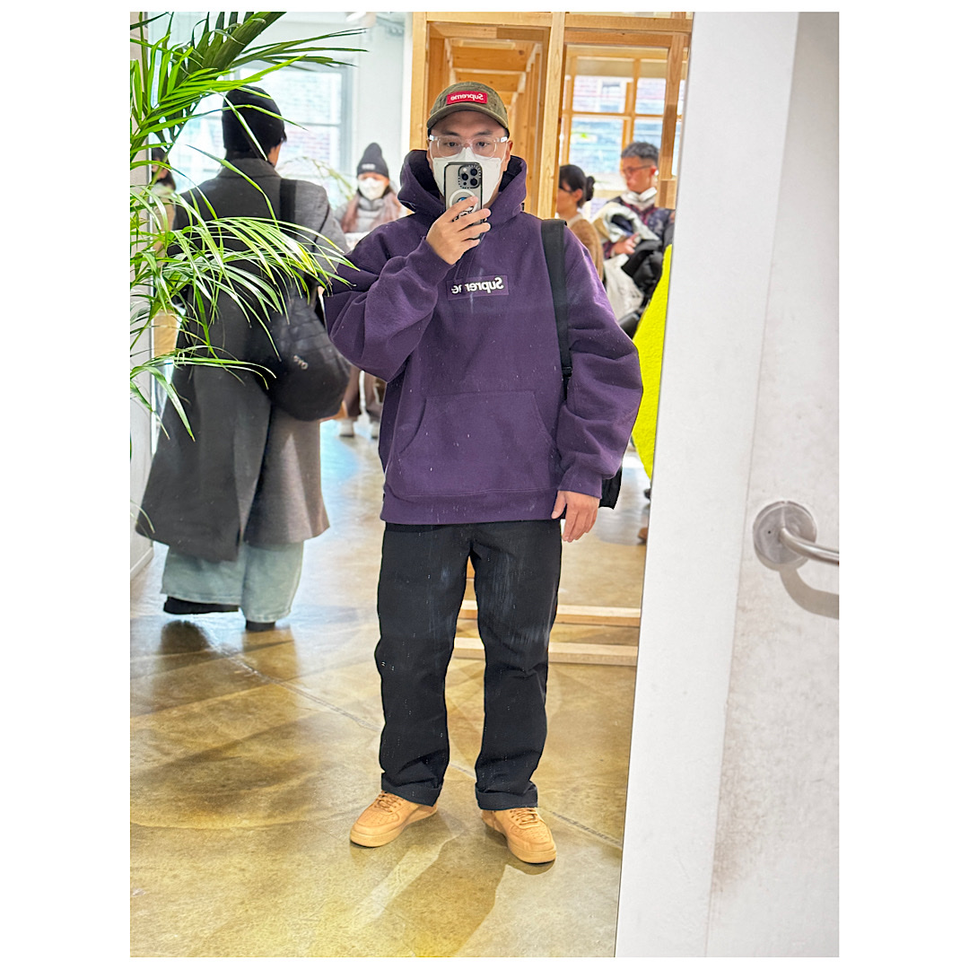 Nike Air Force 1 '07 WB Flax, Supreme Box Logo Hooded Sweatshirt Dark Purple - 23FW 착용 스타일