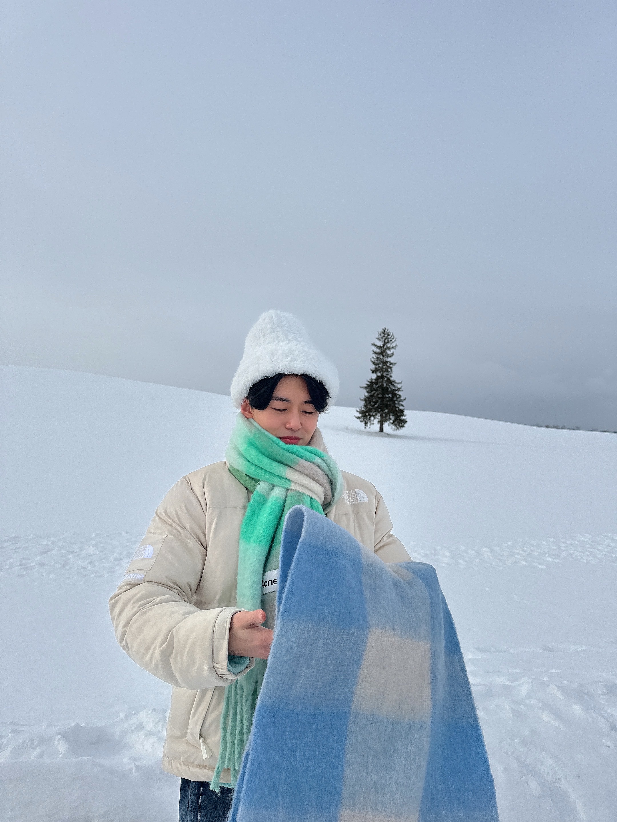 Acne Studios Mohair Check Muffler Light Blue White, Supreme x The North Face Suede Nuptse Jacket Stone - 23FW 착용 스타일