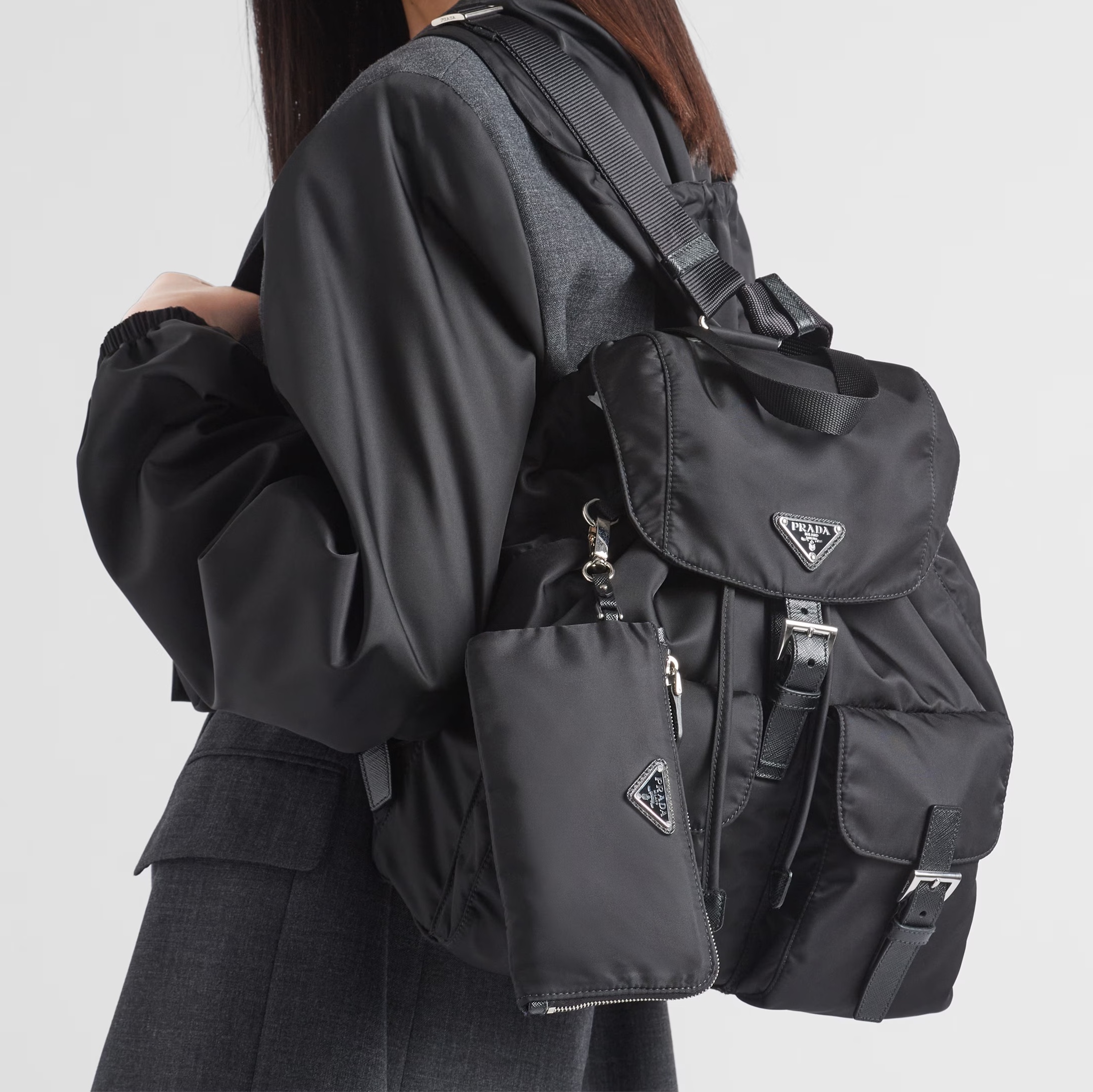Prada Re-Edition 2005 Re-Nylon Mini Hobo Bag Black, Prada Chocolate Brushed Leather Loafers Black 착용 스타일 - 7