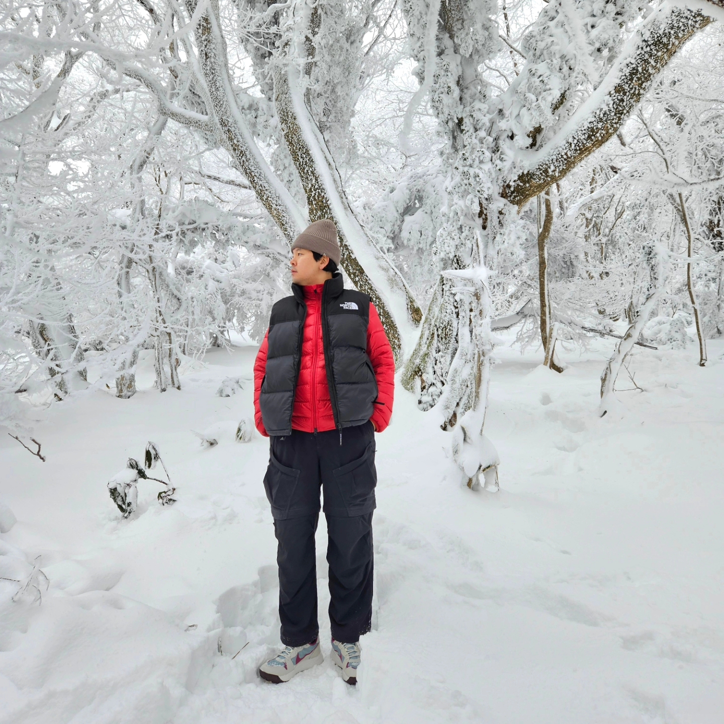 Nike ACG Lowcate Mica Green Light Bone, The North Face Nuptse On Ball Vest Real Black 착용 스타일 - 1