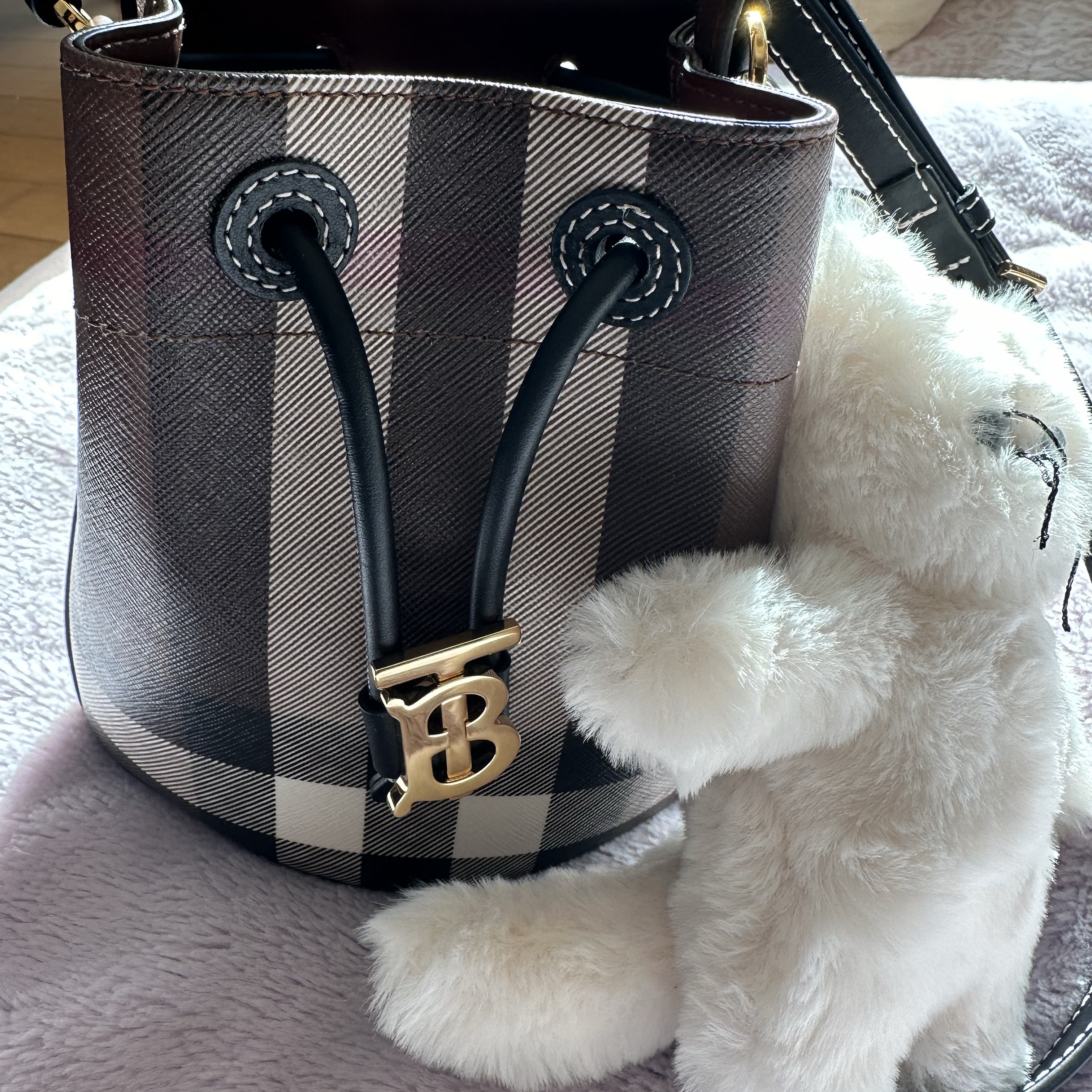 Burberry Mini TB Bucket Bag Dark Birch Brown 착용 스타일