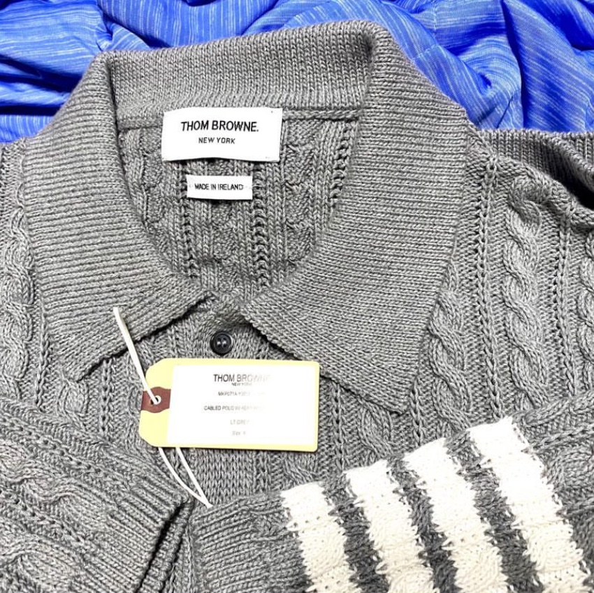 Thom Browne Cotton 4-Bar Cable Knit Short Sleeve Polo Light Grey 착용 스타일