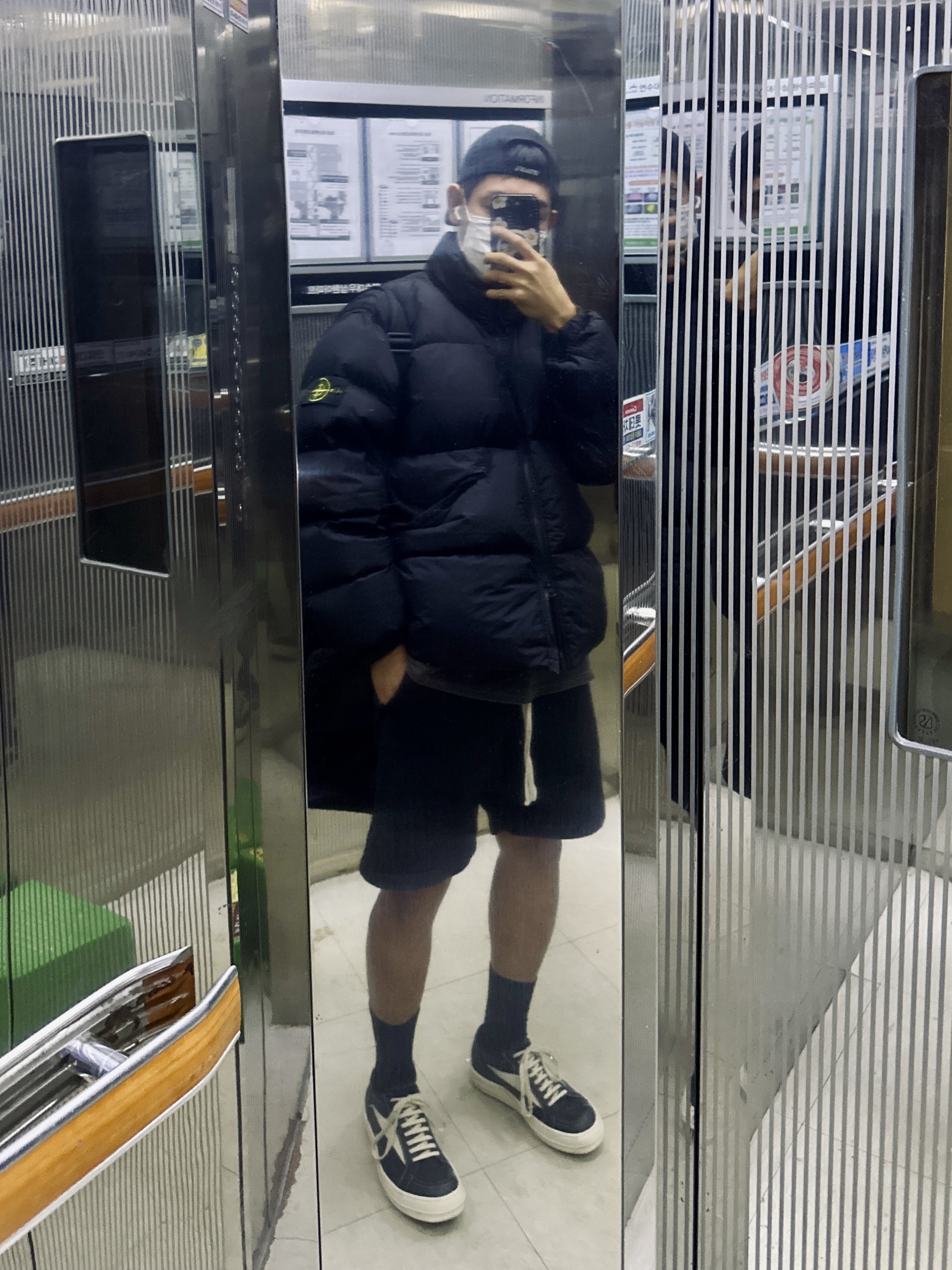 Stone Island 40623 Garment Dyed Crinkle Reps Recycled Nylon Down Jacket Black - 23FW, Rick Owens Vintage Sneakers Black 착용 스타일