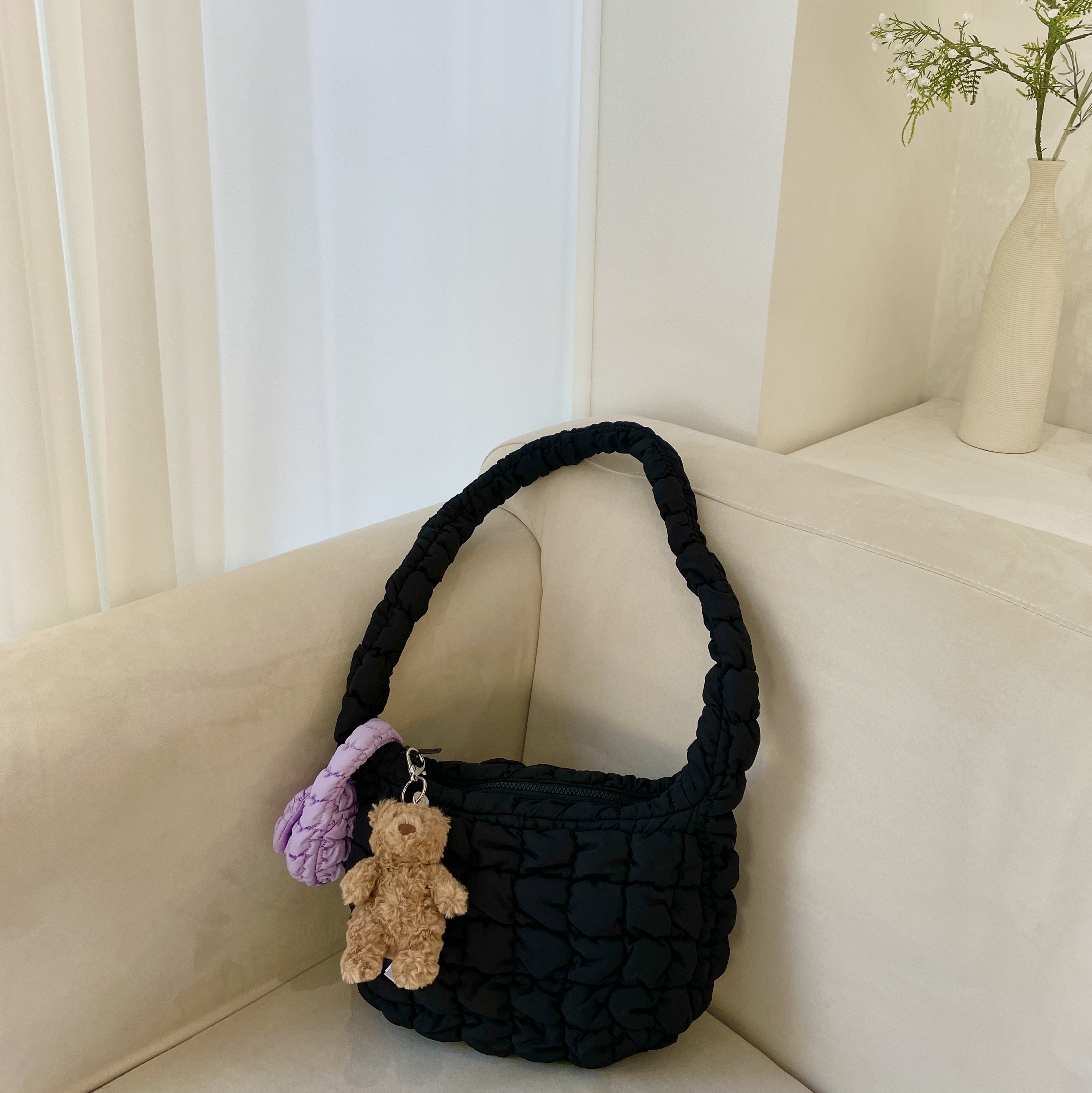Jellycat Bartholomew Bear Bag Charm Brown, COS Quilted Nano Bag Purple 착용 스타일