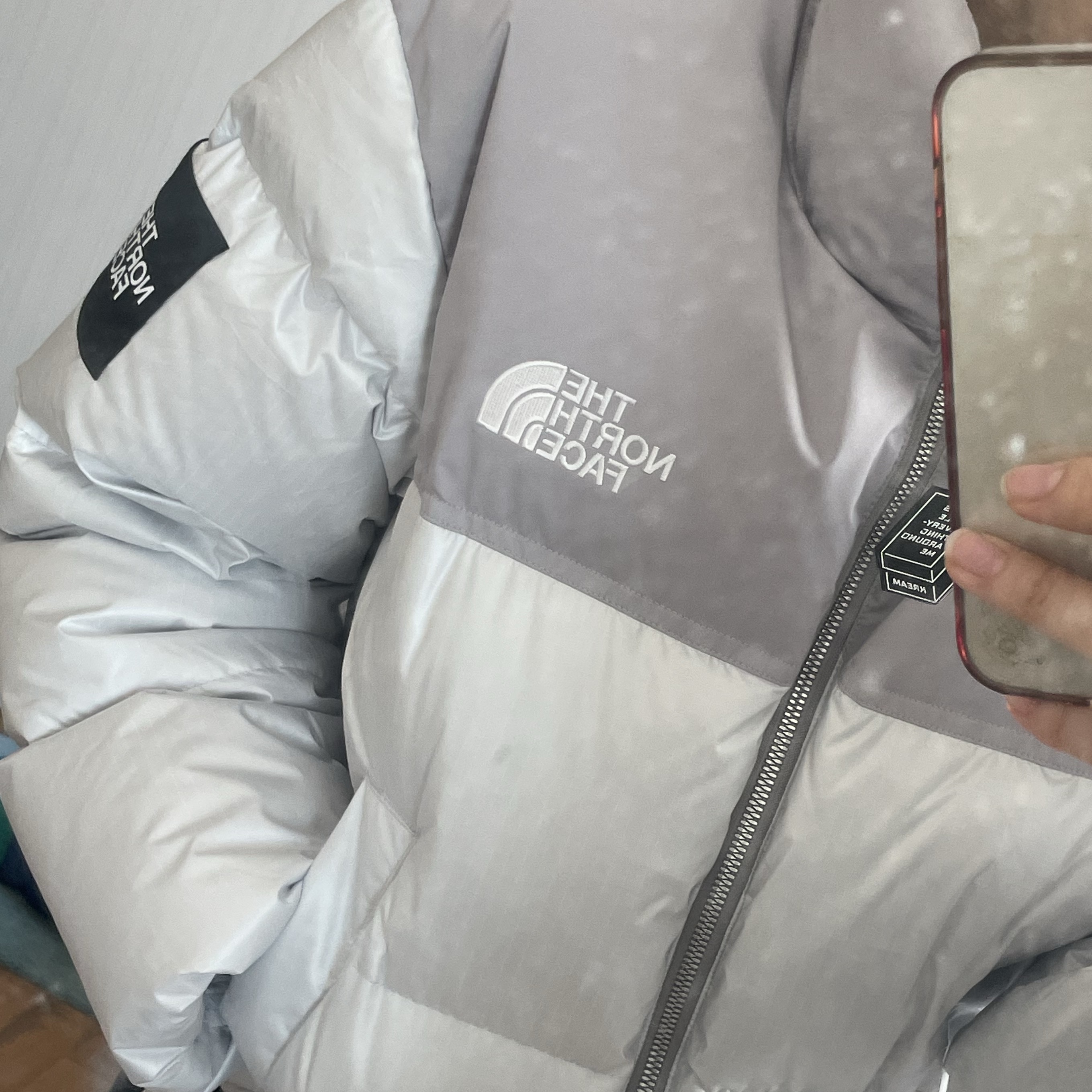 (W) The North Face White Label Novelty Nuptse Down Jacket Ice Gray 착용 스타일 - 3