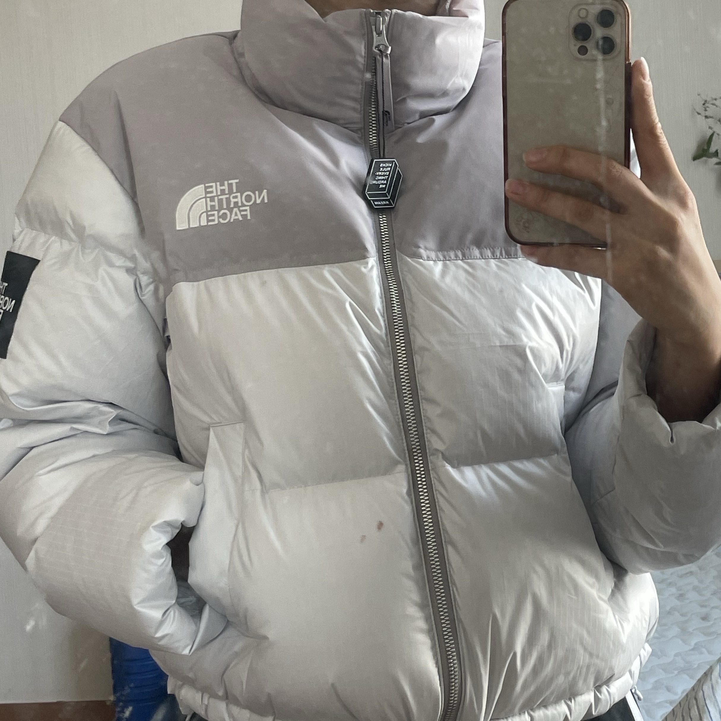 (W) The North Face White Label Novelty Nuptse Down Jacket Ice Gray 착용 스타일 - 2