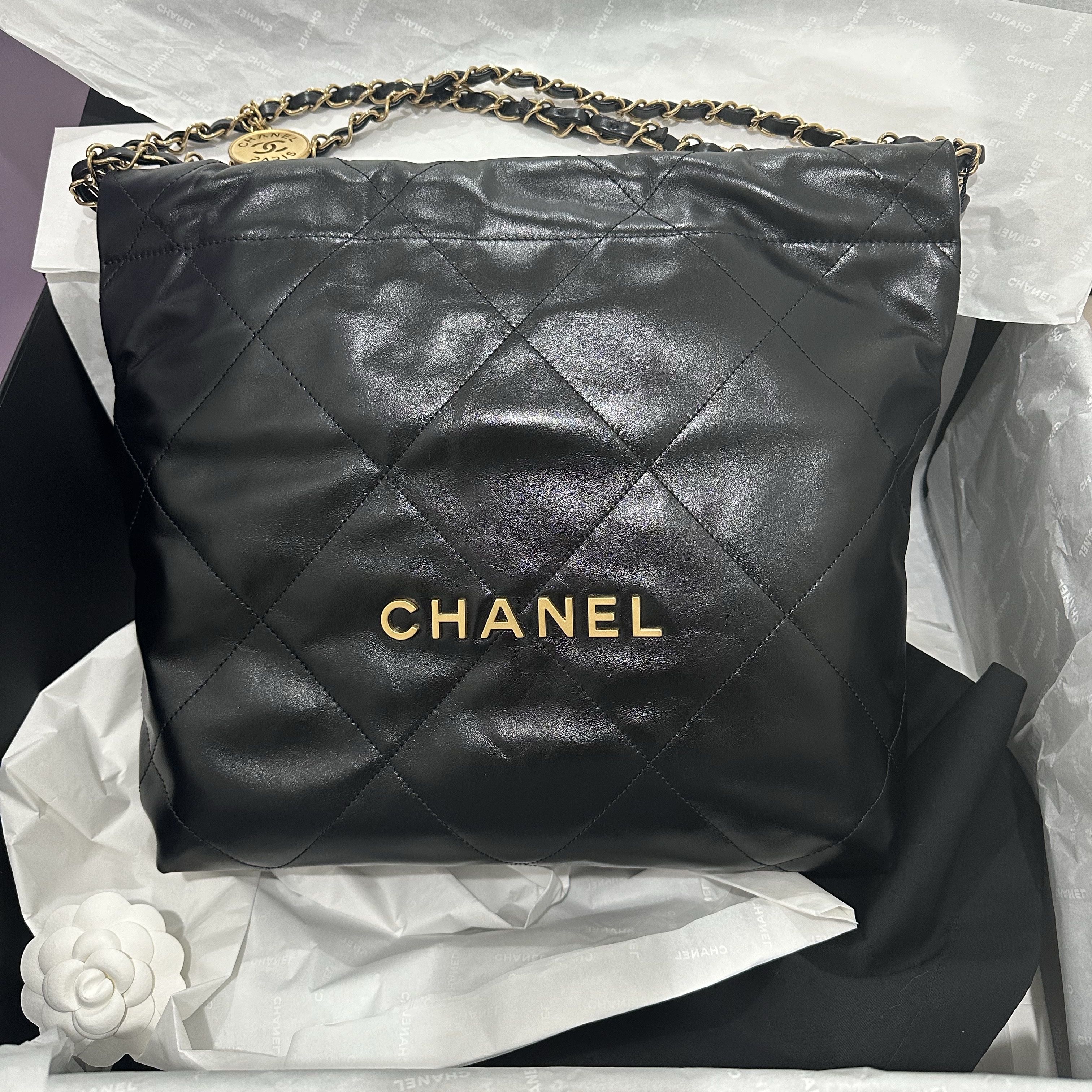 Chanel 22 Small Handbag Shiny Calfskin & Gold Black 착용 스타일