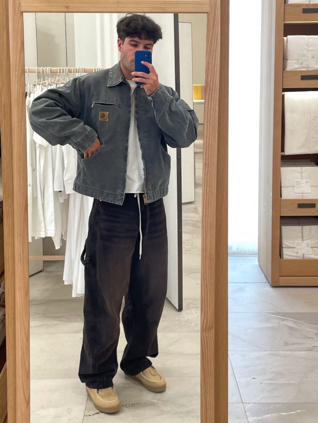Carhartt WIP Organic Cotton Dearborn Canvas OG Detroit Jacket Smoke Green Aged Canvas - Winter, Carhartt WIP Cotton Poplin Lined Dearborn Canvas Faded Detroit Jacket Tamarind - Spring 착용 스타일 - 6