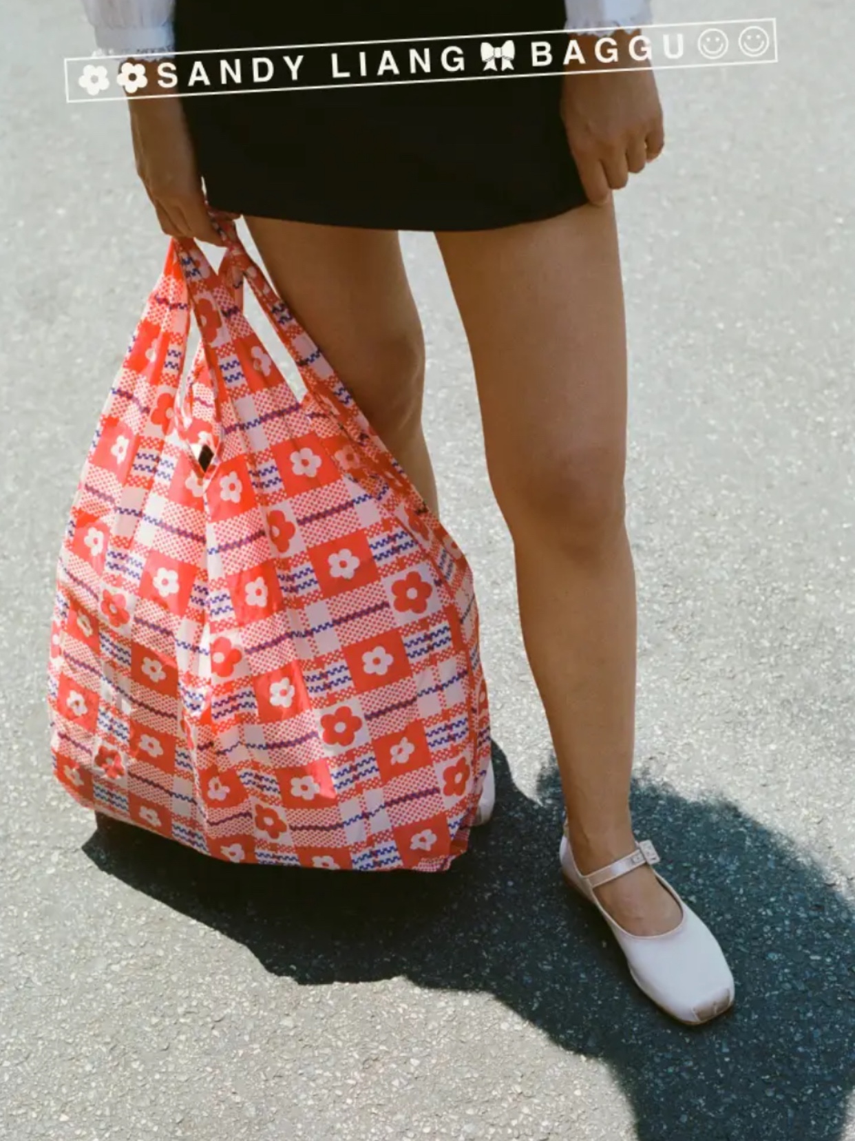 Sandy Liang x Baggu Standard Bag Flower Market Plaid 착용 스타일