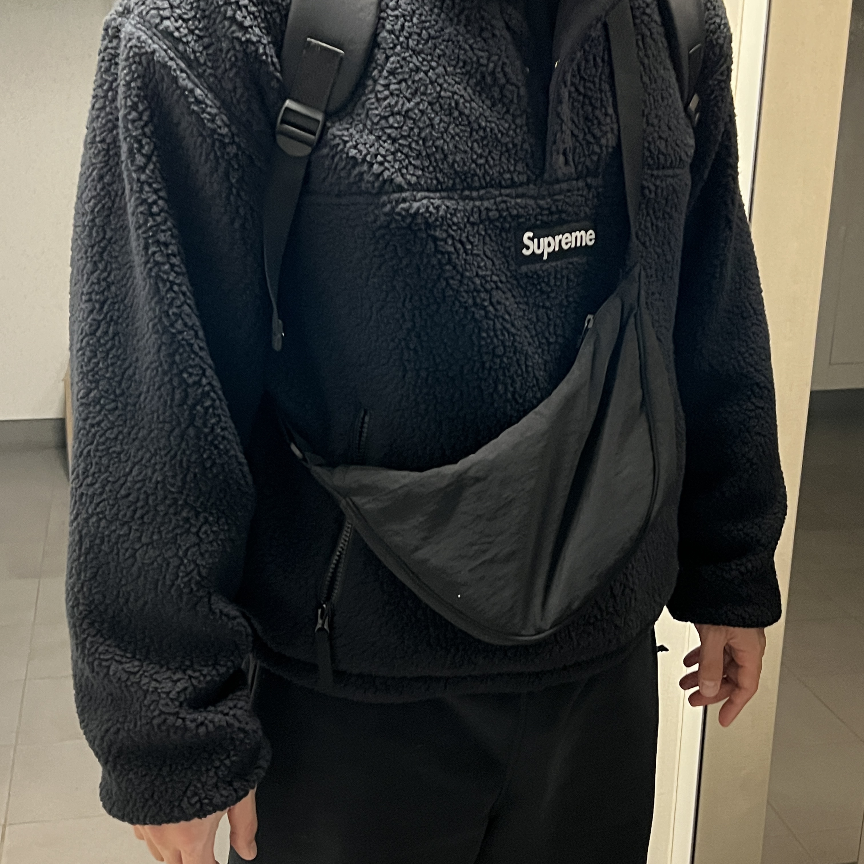 Supreme Polartec Facemask Half Zip Hooded Sweatshirt Black - 23FW 착용 스타일