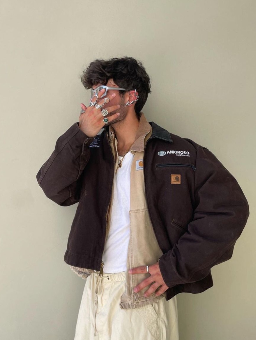 Carhartt WIP Organic Cotton Dearborn Canvas OG Detroit Jacket Smoke Green Aged Canvas - Winter, Carhartt WIP Cotton Poplin Lined Dearborn Canvas Faded Detroit Jacket Tamarind - Spring 착용 스타일 - 2