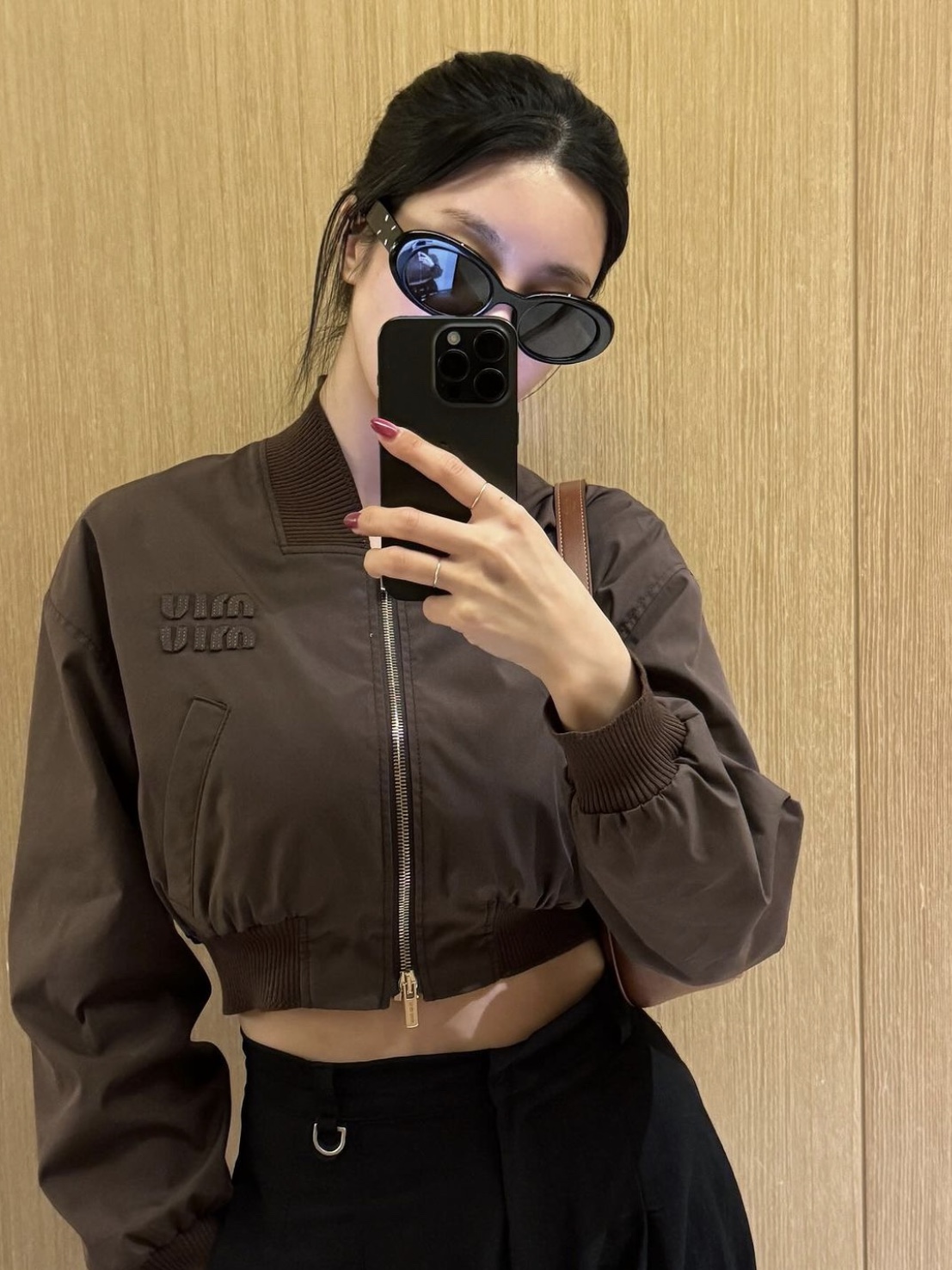 (W) Miu Miu Panama Cotton Bomber Jacket Cocoa Brown, Gentle Monster x Maison Margiela MM005 Black Black 착용 스타일
