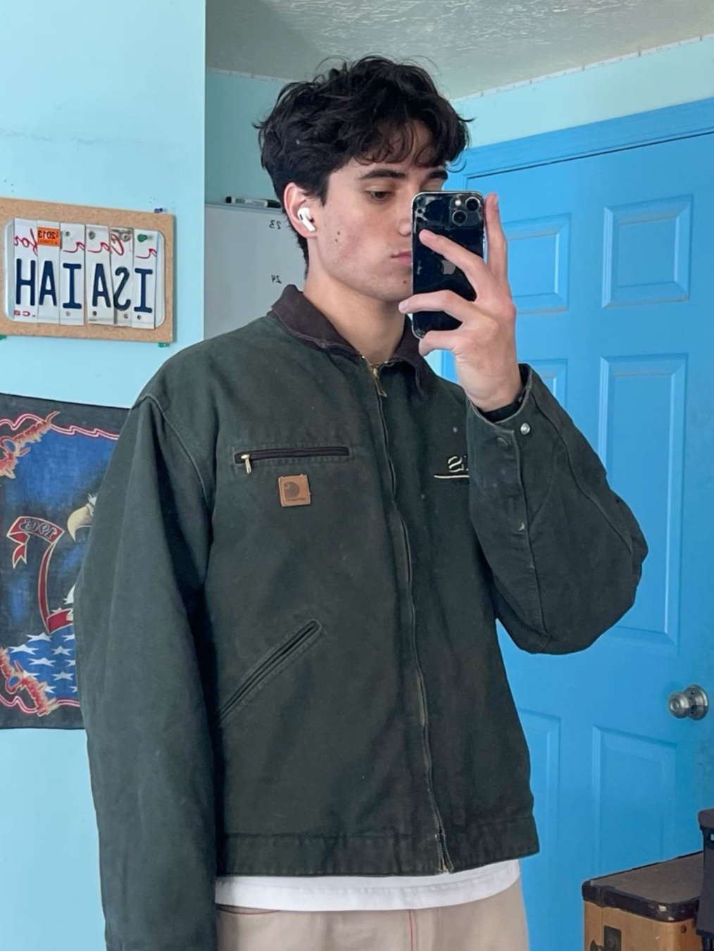 Carhartt WIP Organic Cotton Dearborn Canvas OG Detroit Jacket Smoke Green Aged Canvas - Winter, Carhartt WIP Cotton Poplin Lined Dearborn Canvas Faded Detroit Jacket Tamarind - Spring 착용 스타일 - 5