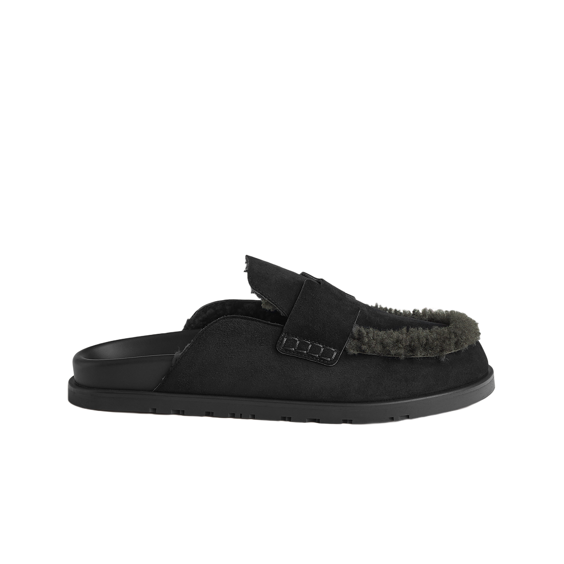 H232865ZH01 Hermes Go Mule Suede Goatskin Shearling & Noir Anthracite