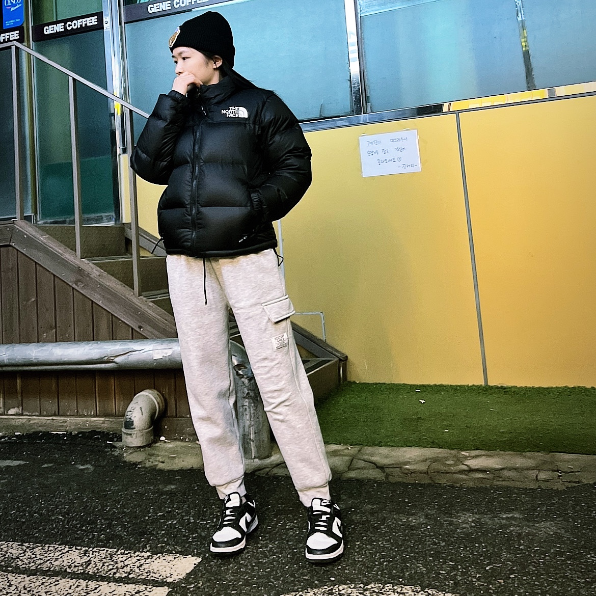 The North Face 1996 Eco Nuptse Jacket Black, Nike Dunk Low Retro Black 착용 스타일