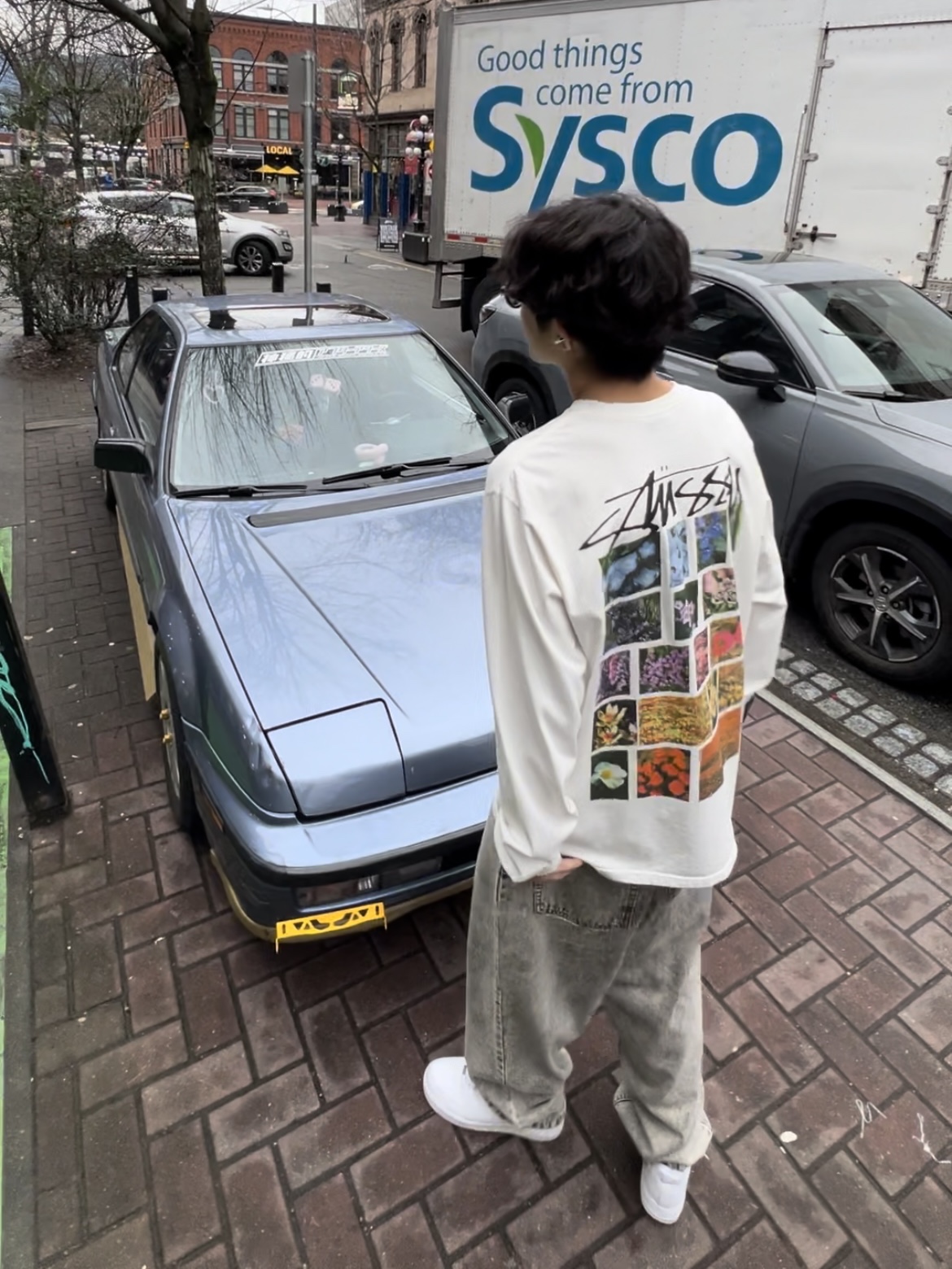Stussy Flower Grid Pigment Dyed LS T-Shirt Natural, Nike Air Force 1 '07 Low White 착용 스타일 - 1