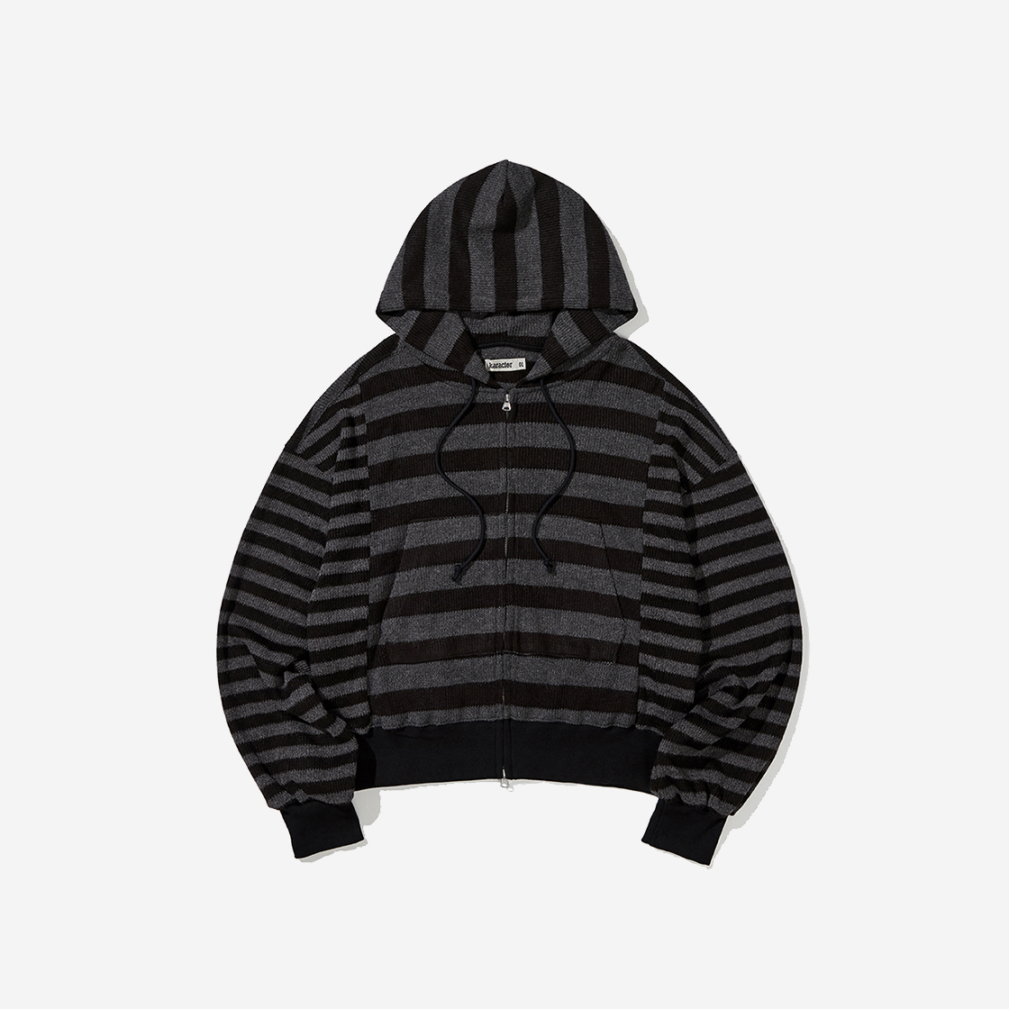 카락터 스트라이프드 니트 후드 집업 블랙 차콜