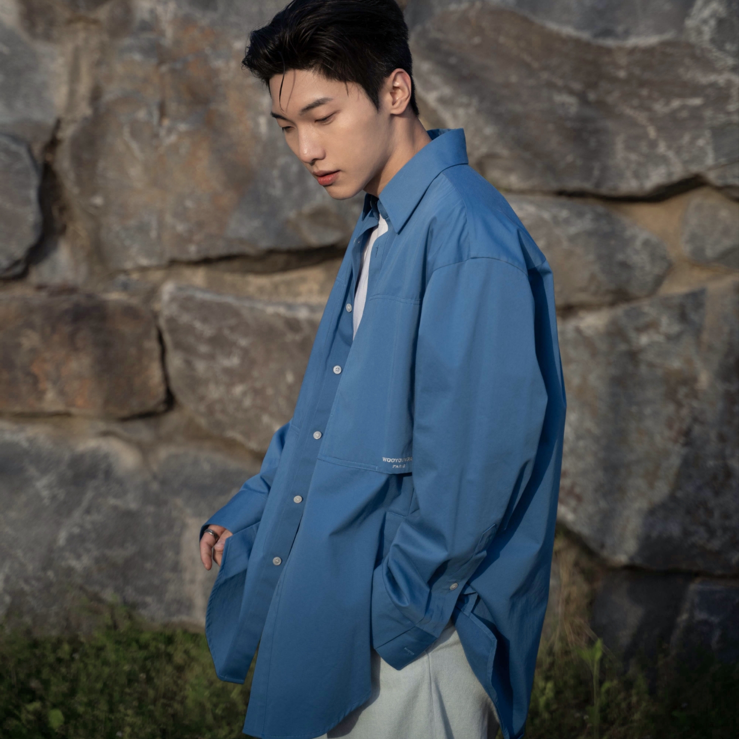 Wooyoungmi Back Logo Shirt Blue - 22SS 착용 스타일