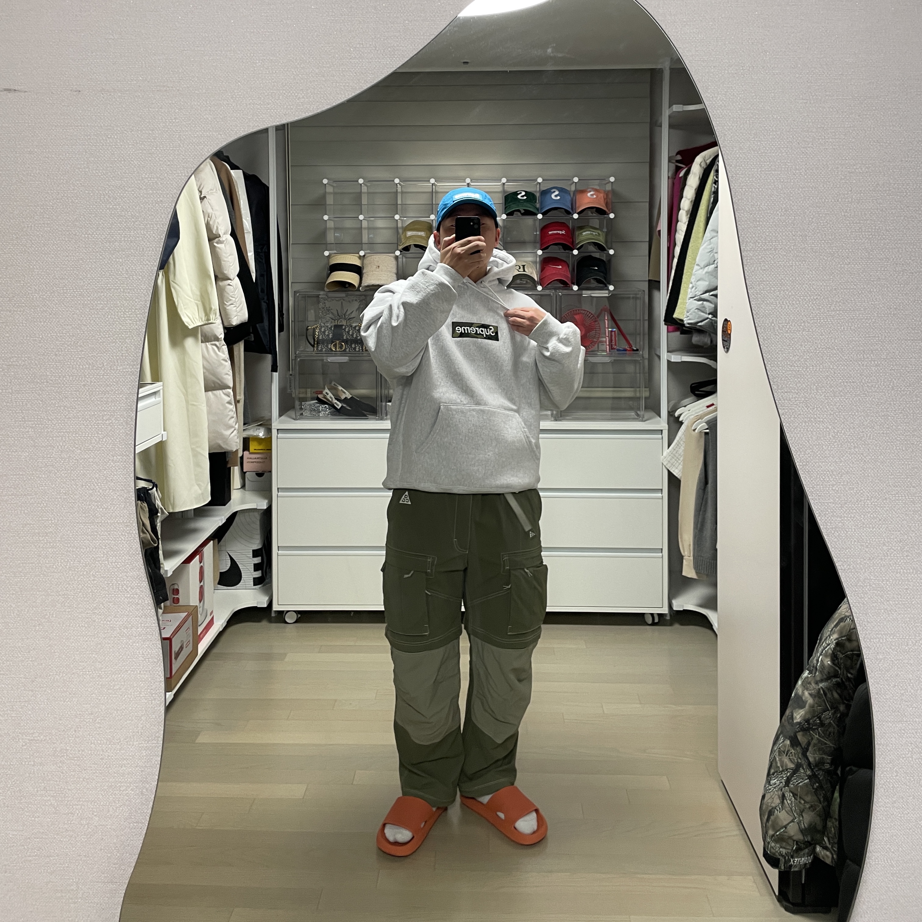Supreme Ventile Camp Cap Teal - 23SS, Supreme Box Logo Hooded Sweatshirt Ash Grey - 23FW 착용 스타일 - 2