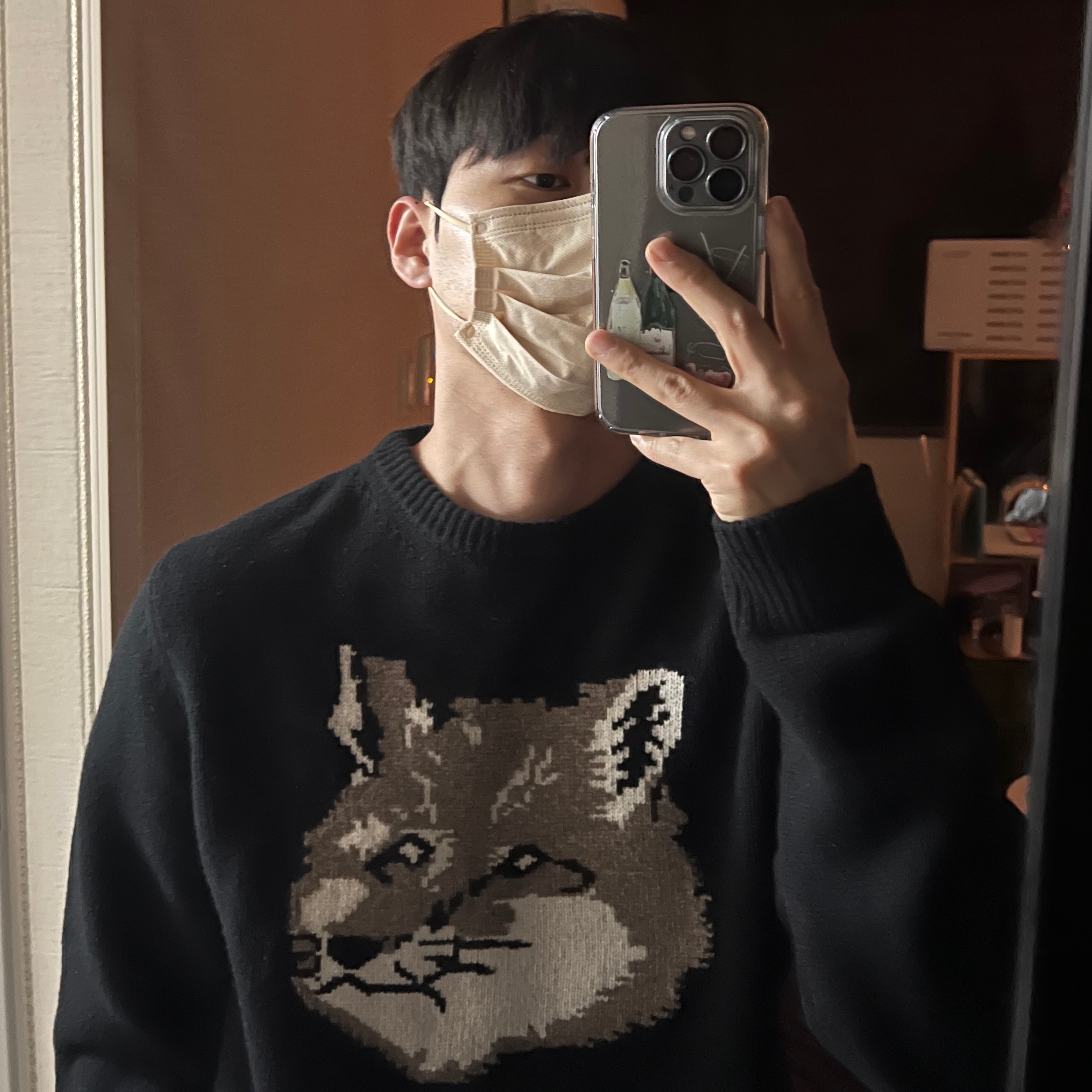 Maison Kitsune Big Fox Head Pullover Knit Black 착용 스타일