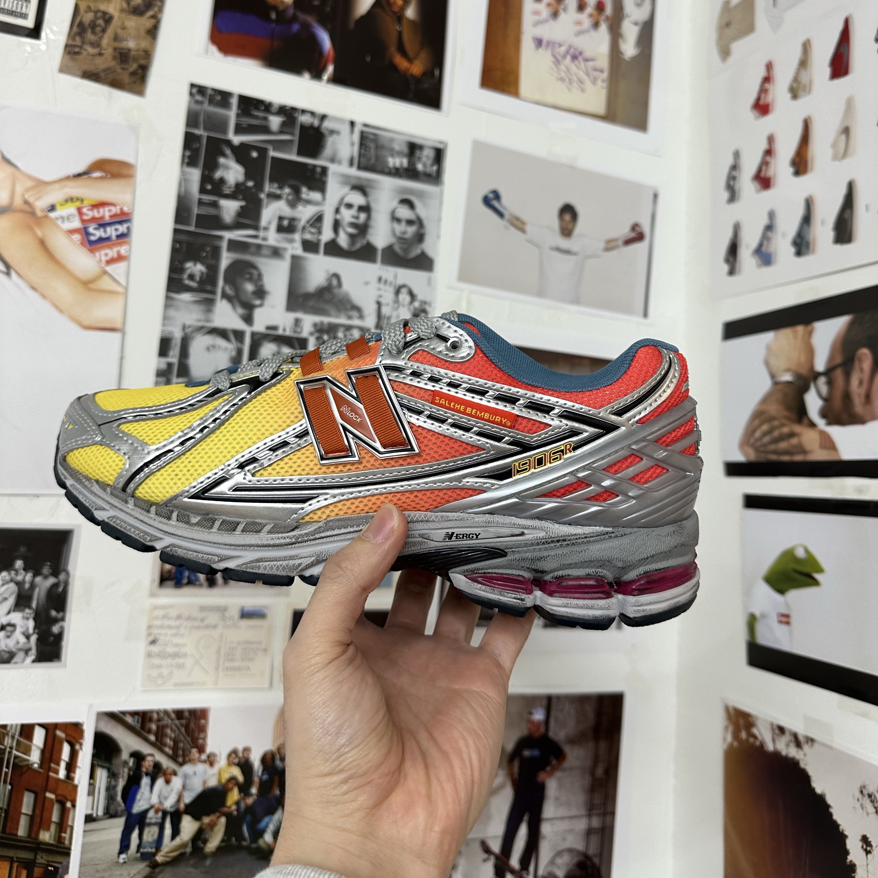 New Balance x Salehe Bembury 1906R Heat Be Hot Lava Orange Yellow Silver 착용 스타일